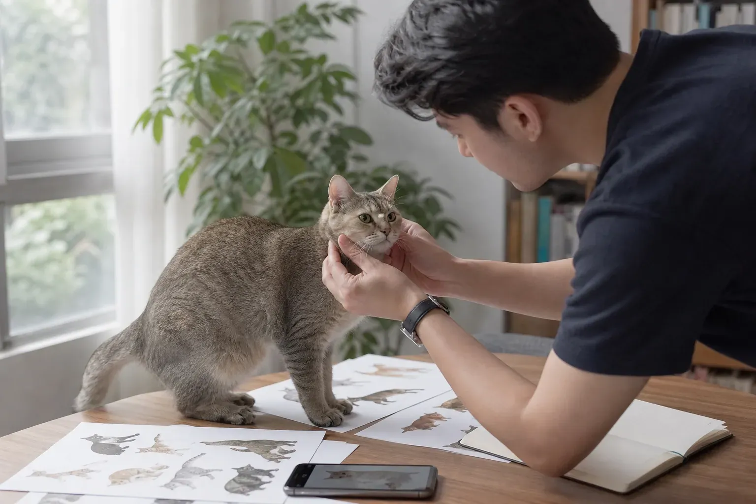 Une personne compare son chat à des fiches de races sur une table, avec un smartphone et une lumière naturelle.