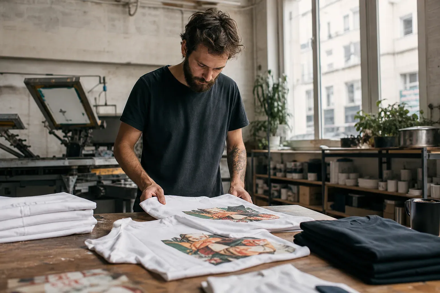 Un atelier lyonnais de personnalisation textile avec des t-shirts fraîchement imprimés, un artisan en train de les contrôler et du matériel d’impression en arrière-plan.