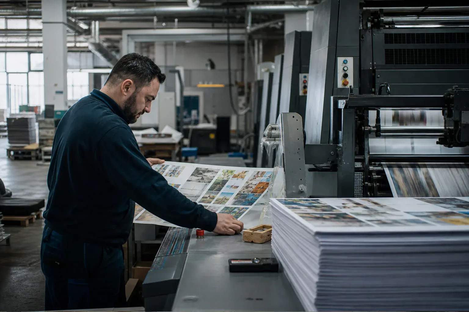 Photo réaliste d’une imprimerie offset moderne à Nantes avec une presse en fonctionnement et un technicien vérifiant des épreuves papier.