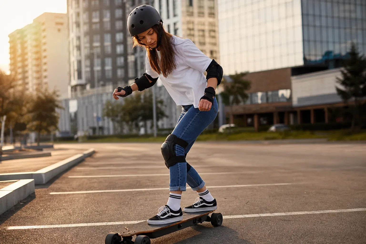 Débutant en skate électrique sur un espace urbain dégagé, casque et protections aux poignets, genoux et coudes, en lumière naturelle.