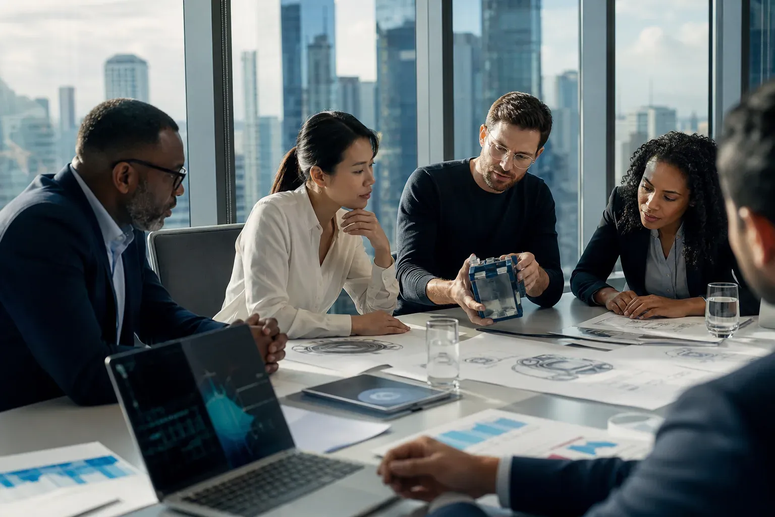 Une équipe dirigeante et technique échange autour d’un prototype et d’écrans de données dans un bureau moderne avec vue sur une grande métropole.