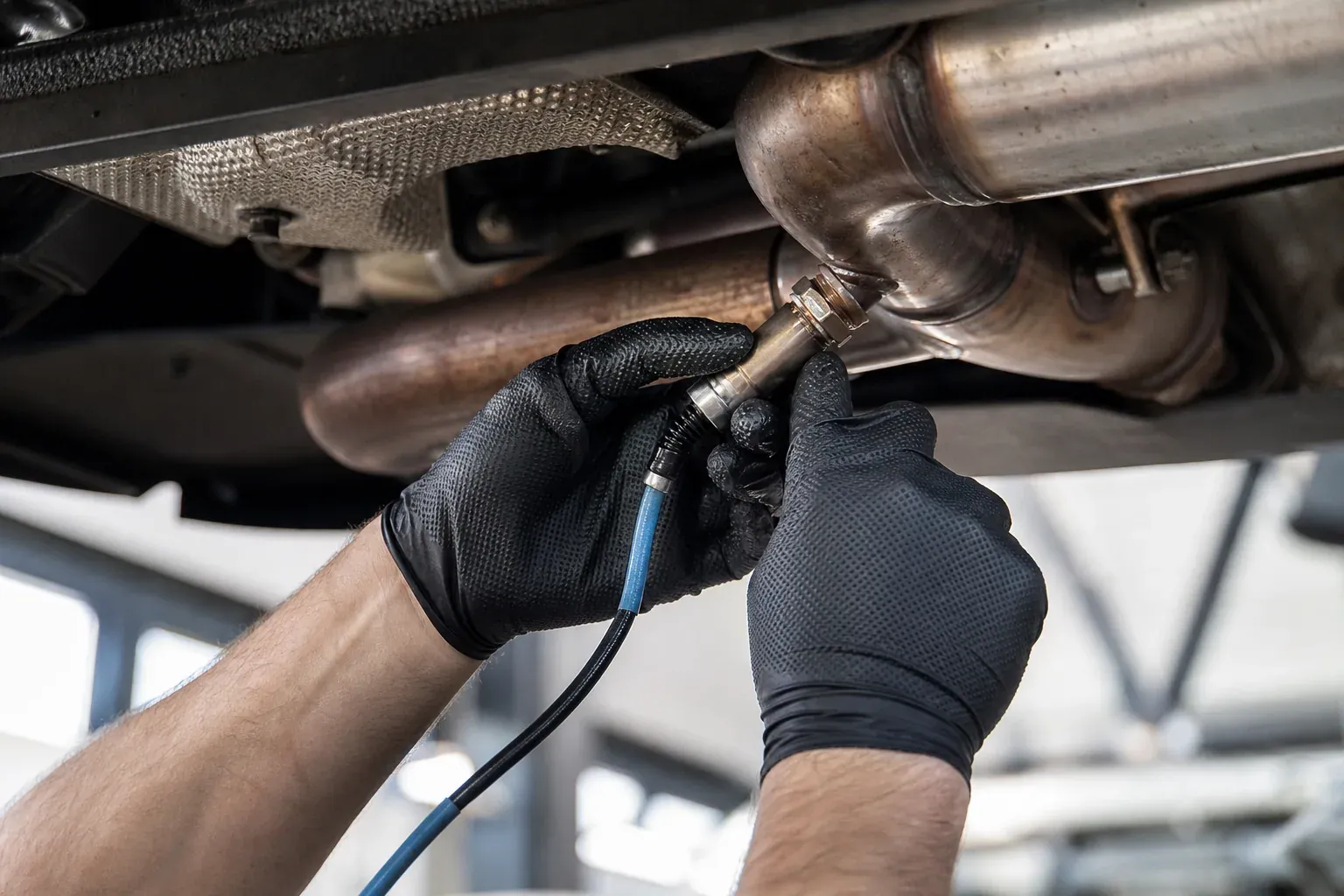 Gros plan d’un mécanicien en train de poser une sonde lambda neuve sur la ligne d’échappement d’une voiture dans un atelier.