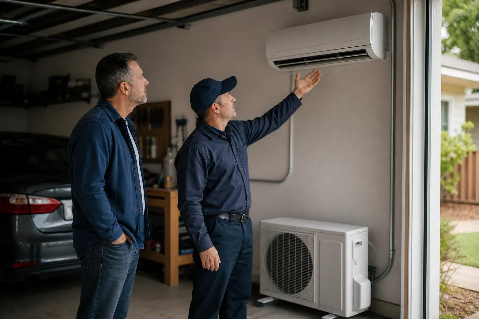 Un technicien et un propriétaire examinent une climatisation murale installée dans un garage résidentiel, avec une unité extérieure visible à l’extérieur.