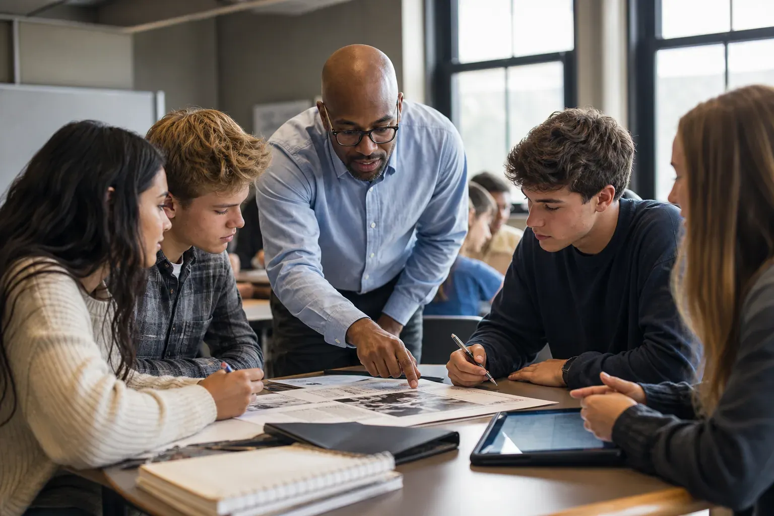 Un enseignant anime un travail de groupe dans une salle de classe moderne, avec des élèves concentrés autour de tables et du matériel pédagogique.