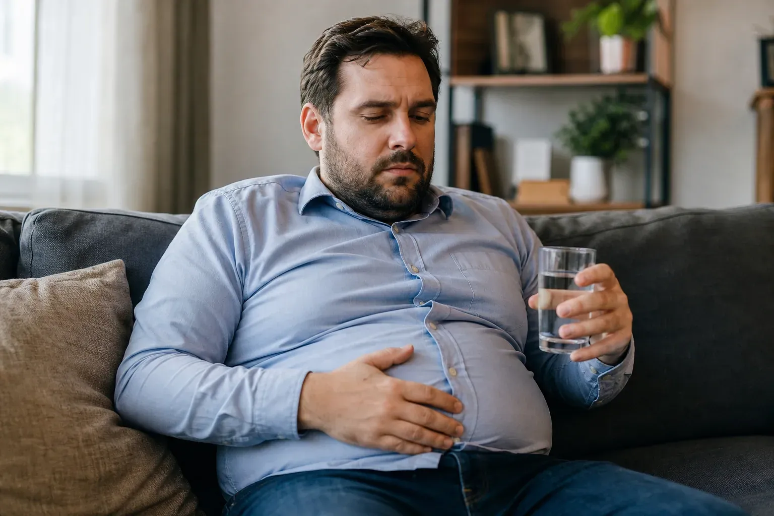 Une personne assise sur un canapé, visiblement gênée après un repas trop copieux, avec un verre d’eau à la main dans un intérieur domestique lumineux.