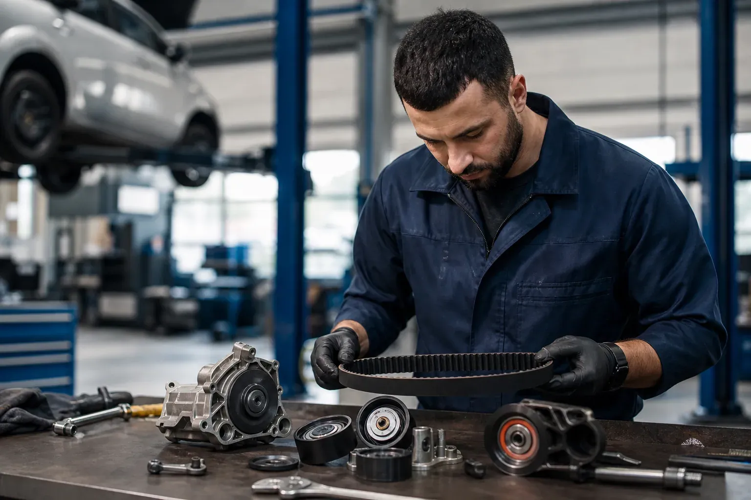 Un mécanicien examine un kit de distribution sur un établi, avec la courroie, les galets et la pompe à eau visibles dans un atelier automobile.