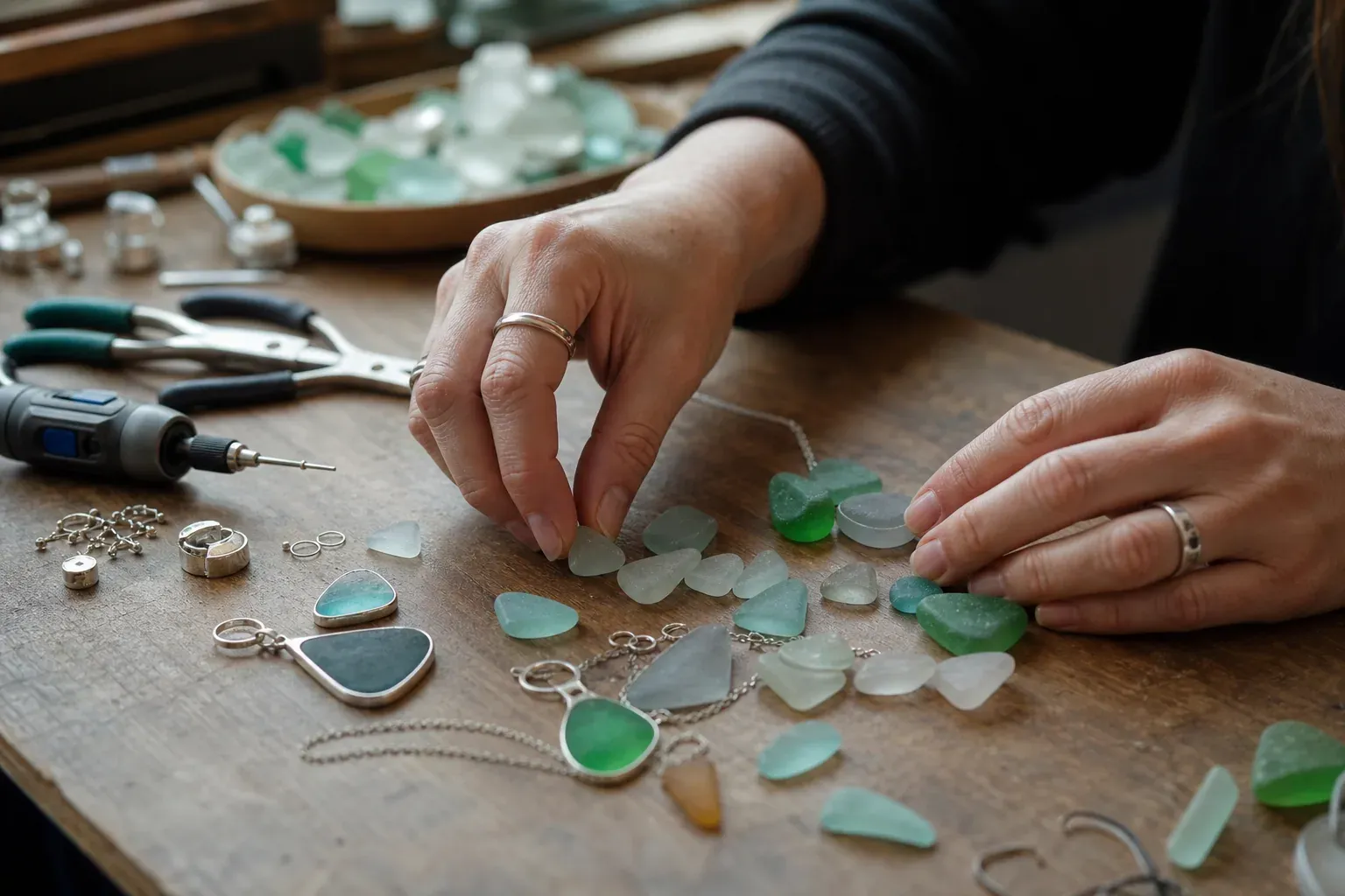 Plan de travail d’un artisan avec des morceaux de verre de plage, des outils de bijouterie et plusieurs pendentifs finis