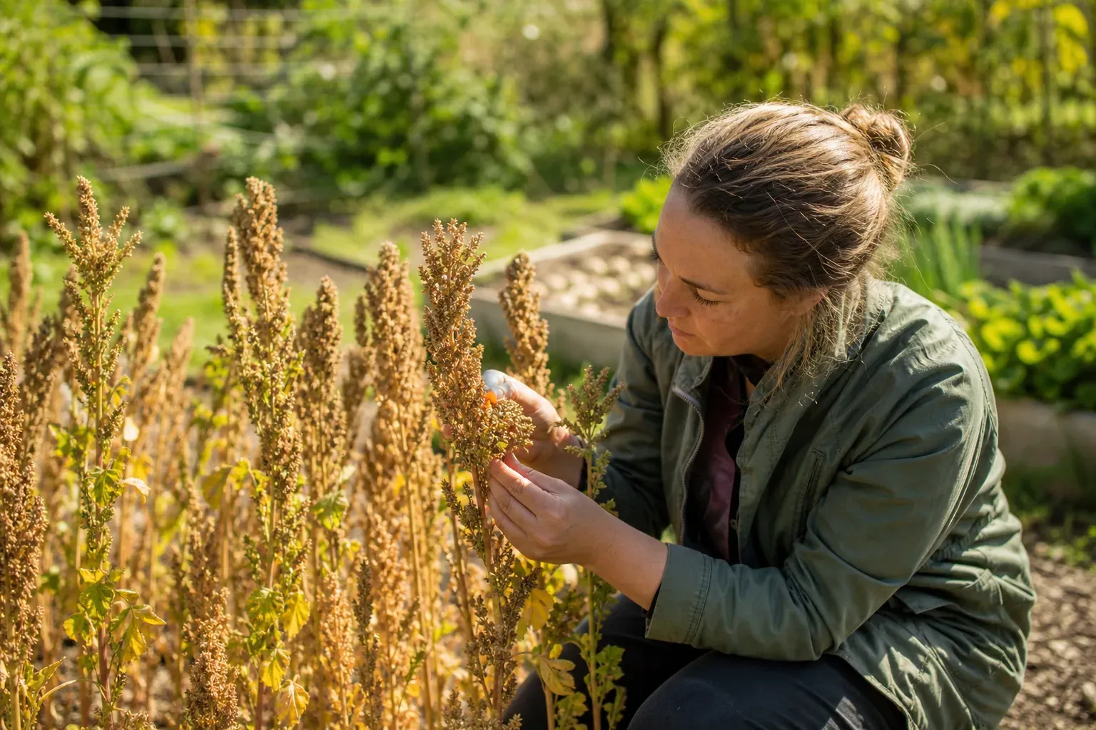 Un jardinier observe des plants de quinoa arrivés à maturité dans un potager en climat tempéré, avec des panicules dorées au soleil.