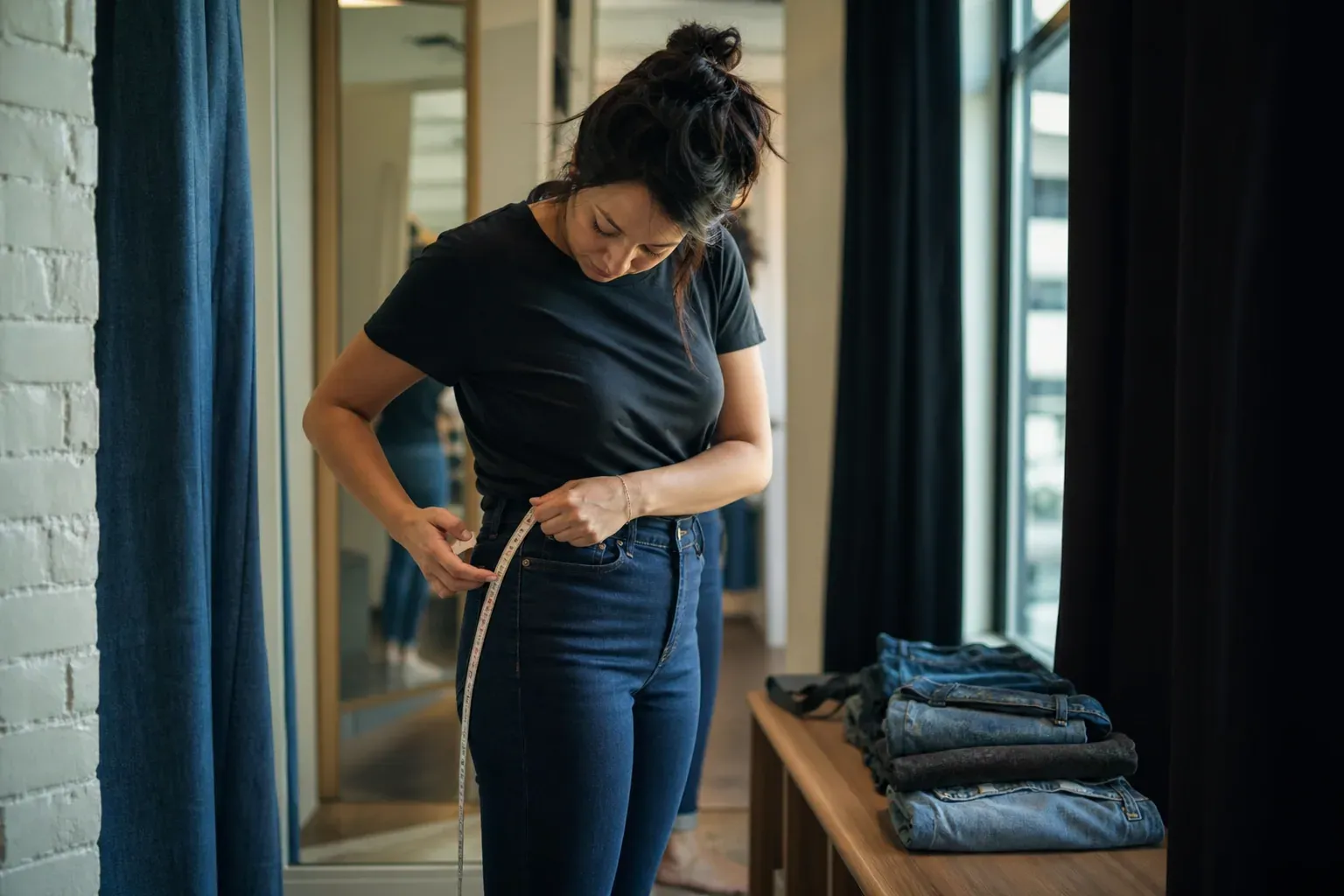Une personne essaie un jean dans une cabine d’essayage, avec un mètre ruban posé à côté et des jeans pliés sur un banc.
