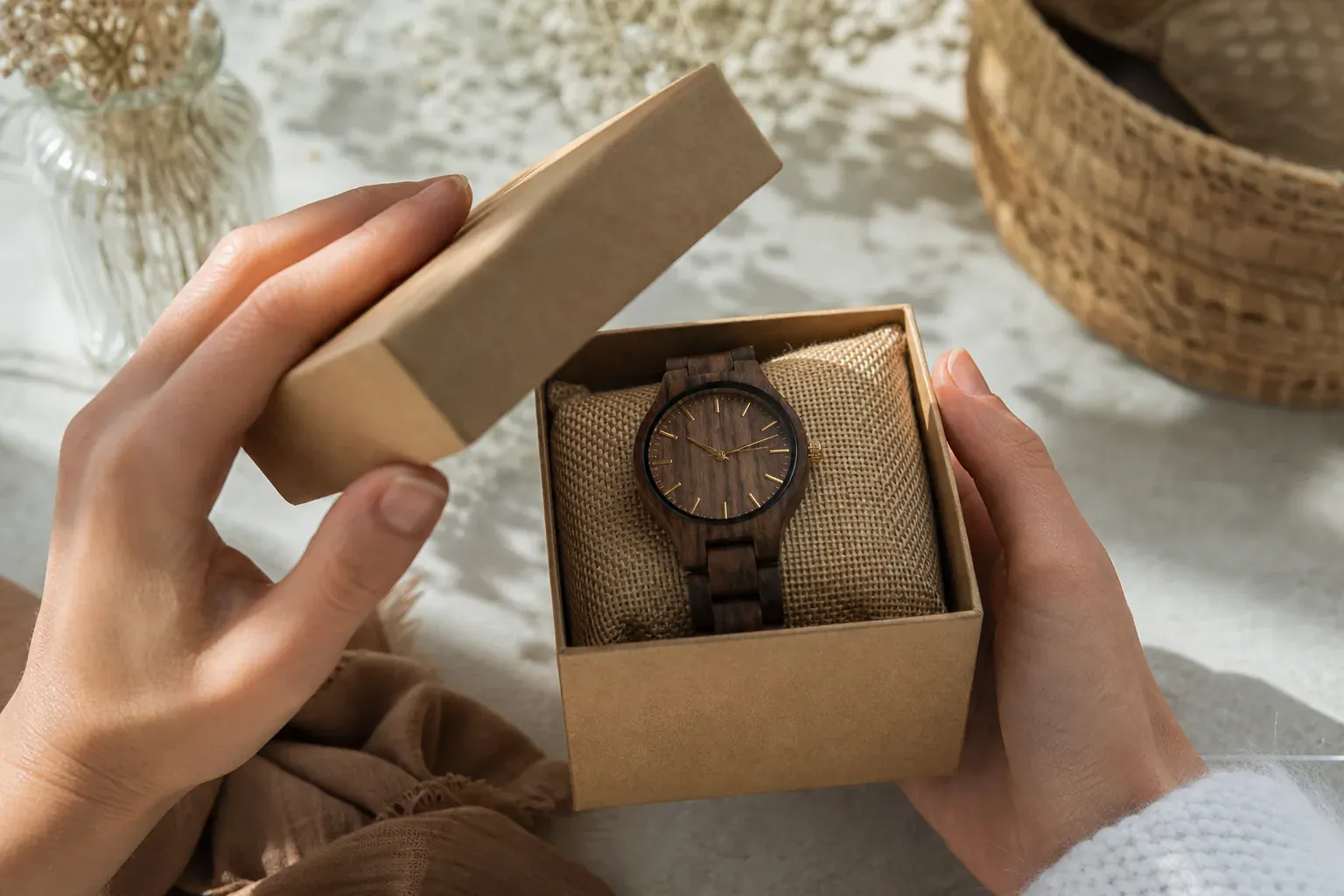 Une personne ouvre une boîte cadeau en papier kraft et découvre une montre en bois, dans une ambiance naturelle et lumineuse.