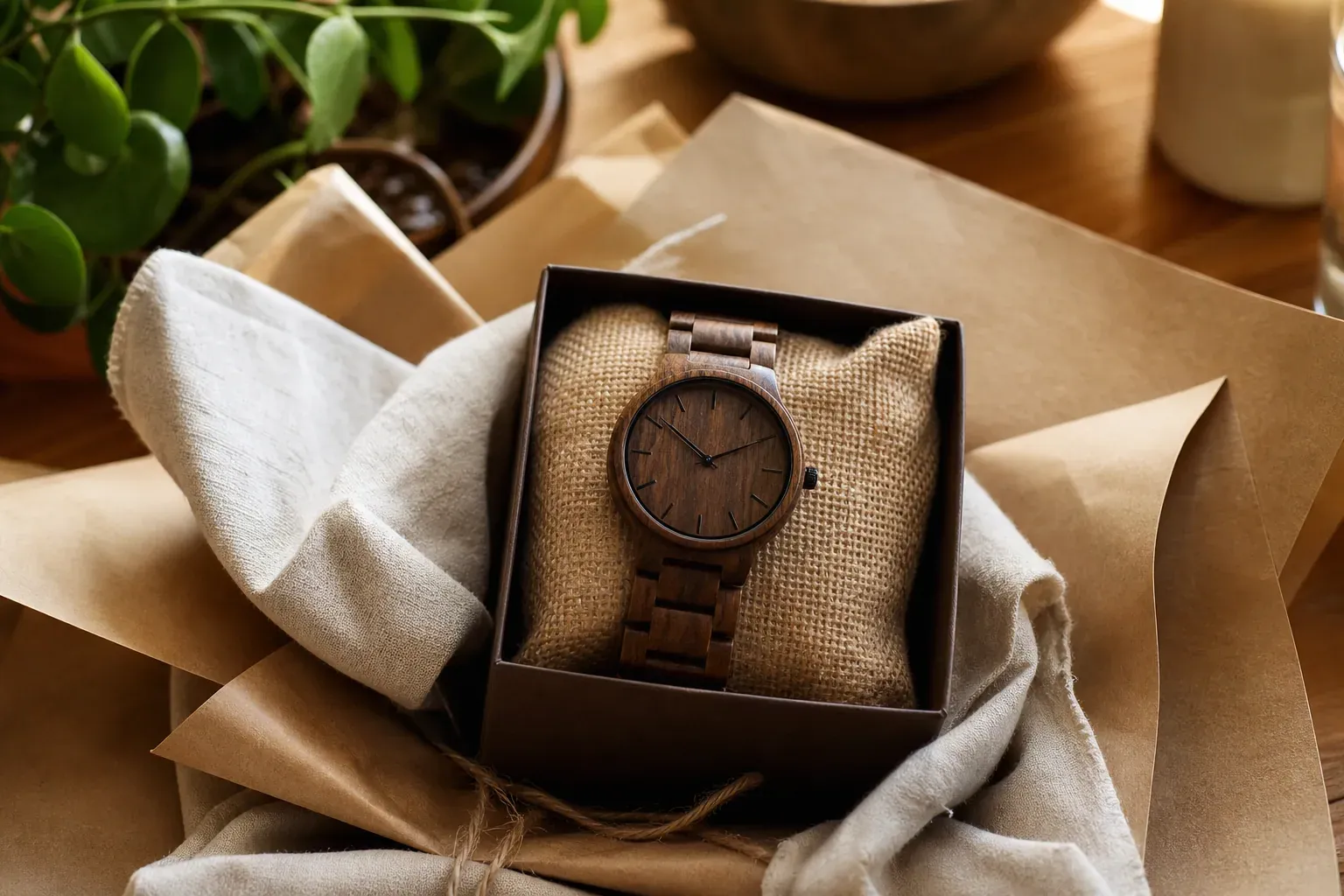 Une montre en bois posée sur un emballage cadeau naturel, avec un ruban sobre et une ambiance lumineuse, élégante et authentique.