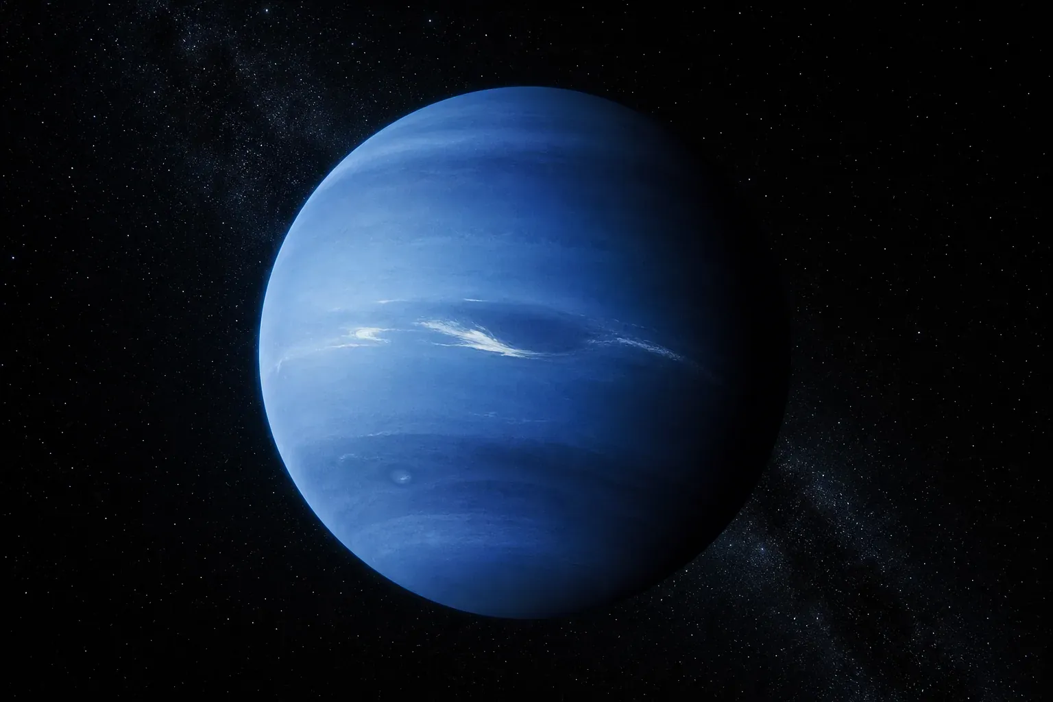 Vue réaliste de Neptune dans l’espace, planète bleu profond avec un léger halo atmosphérique sur fond d’étoiles.