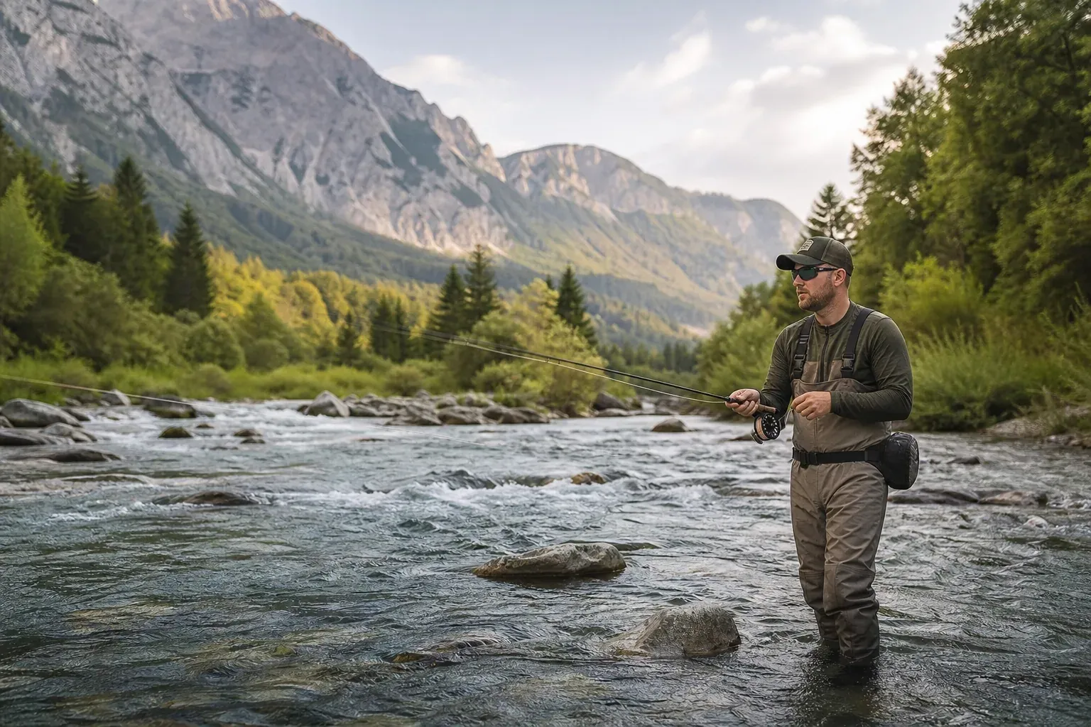 Pêcheur à la mouche dans une rivière alpine autrichienne aux eaux claires, avec des montagnes en arrière-plan.