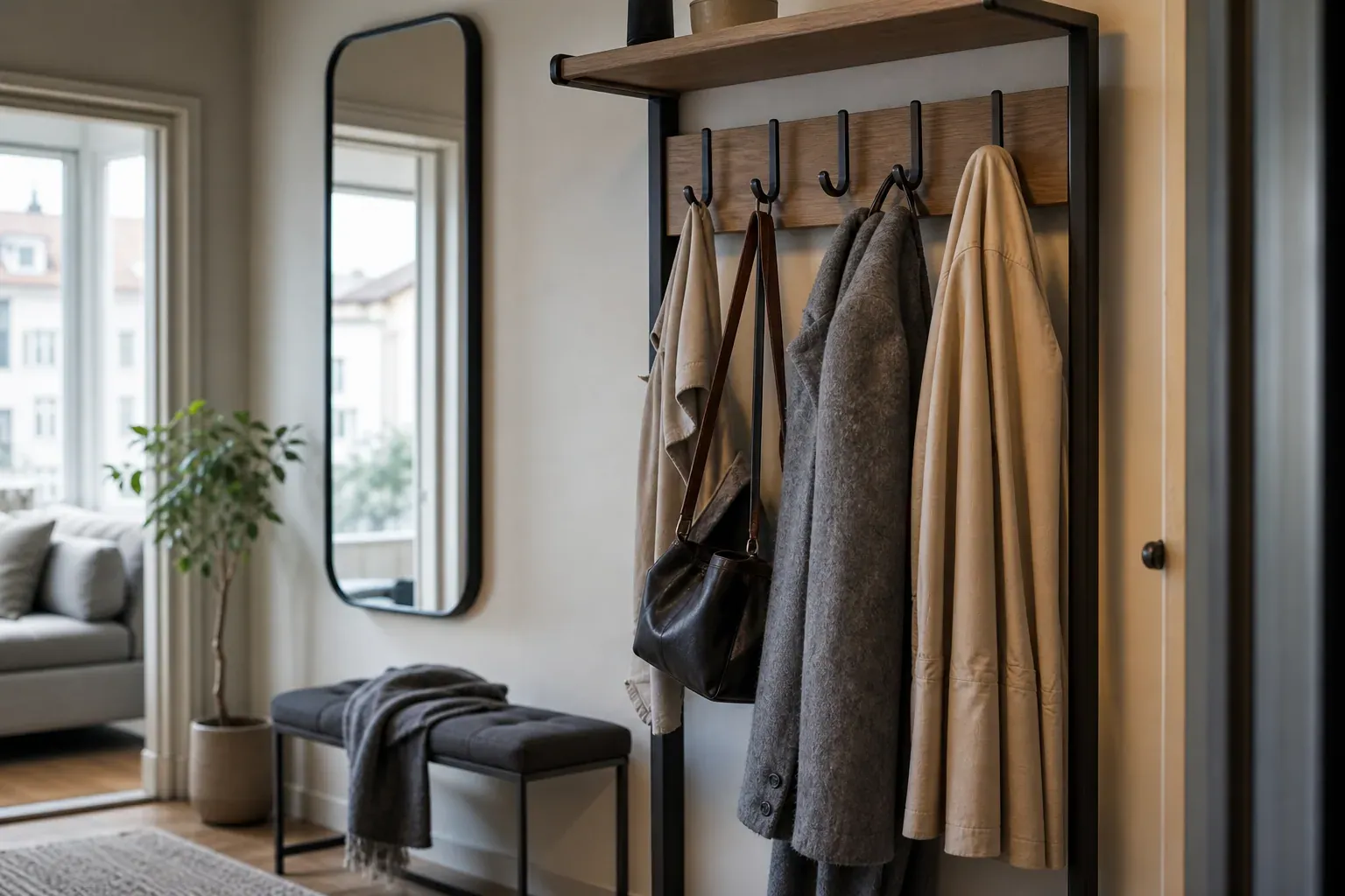 Entrée lumineuse avec porte-manteau design en bois et métal, manteaux suspendus, miroir et banc, ambiance contemporaine et ordonnée.