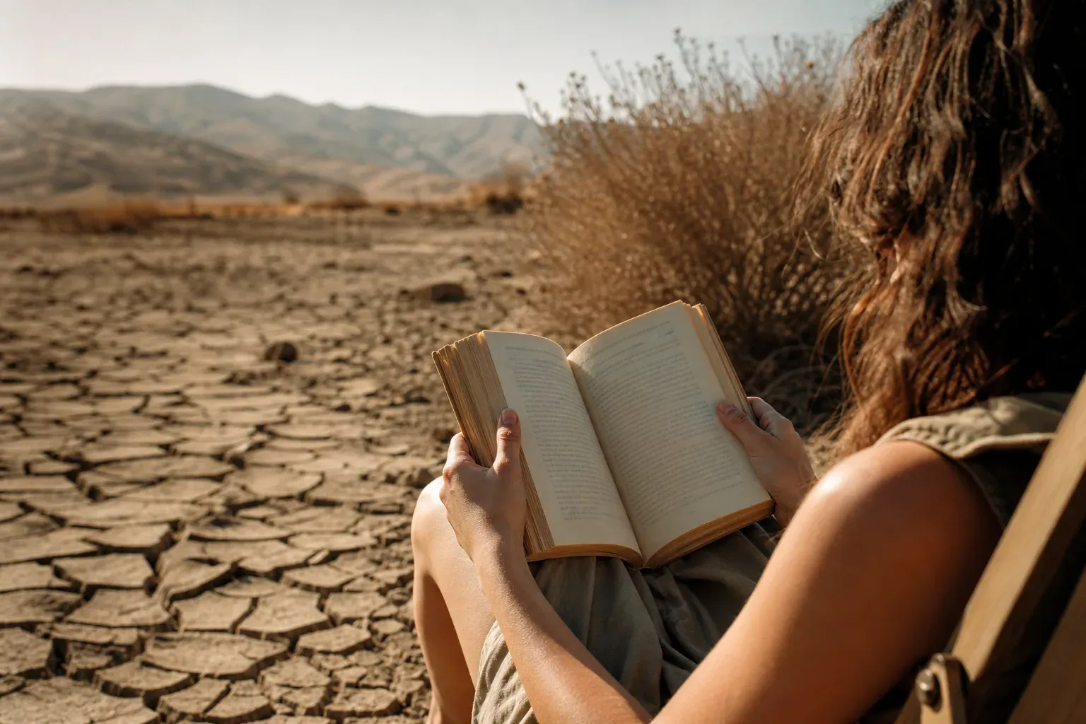 Une personne lit un livre devant un paysage aride avec un sol craquelé et des arbustes secs, sous une lumière de plein soleil.