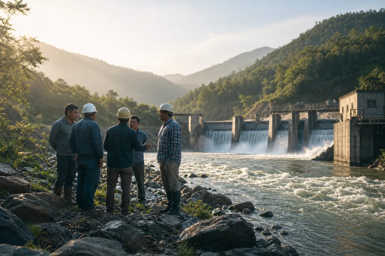 Photo réaliste d’un petit barrage hydroélectrique dans une vallée rurale, avec des personnes qui échangent près de la rivière.