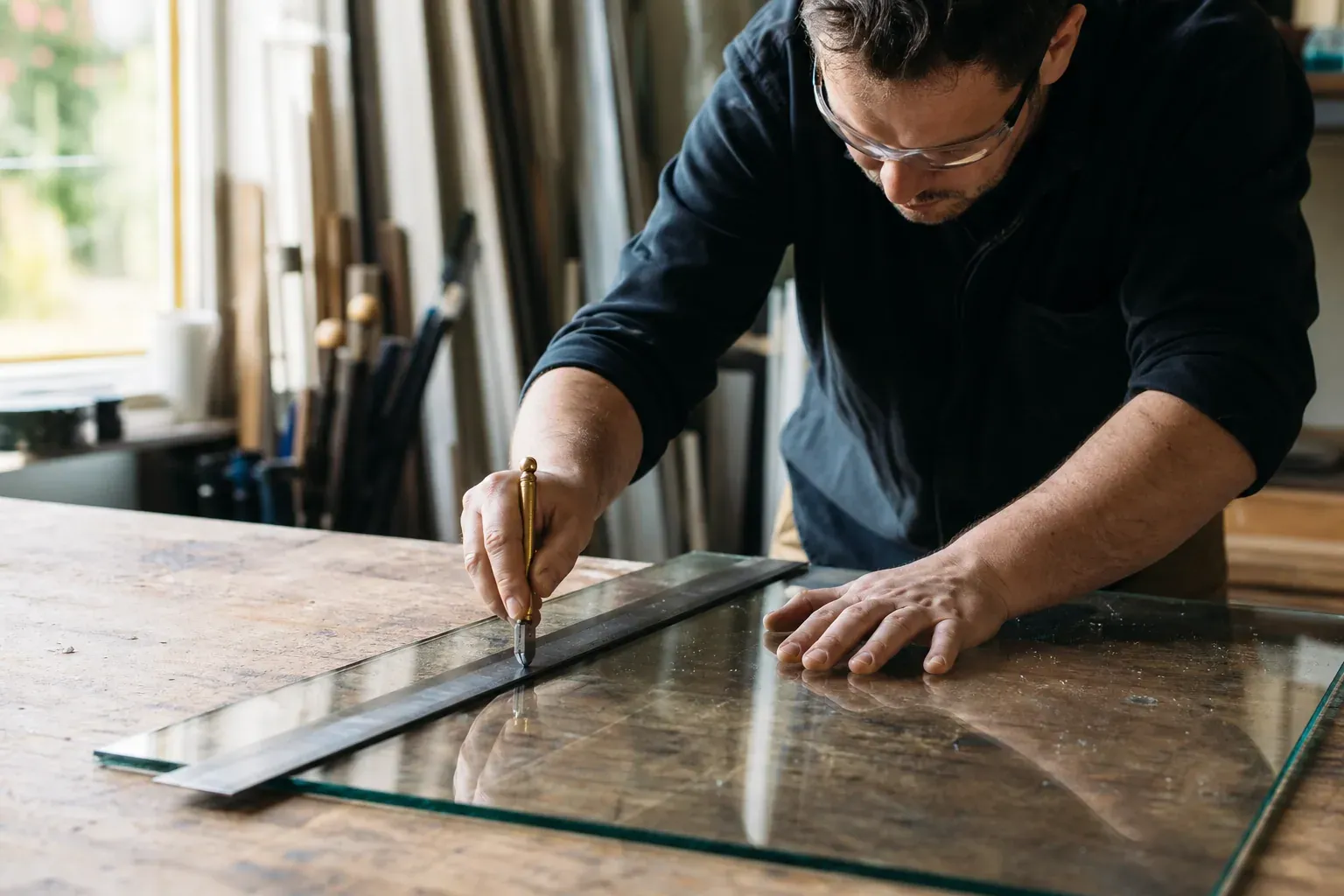 Personne en train de tracer puis de couper une plaque de verre sur un établi, avec lunettes de protection, règle métallique et outils simples de bricolage.