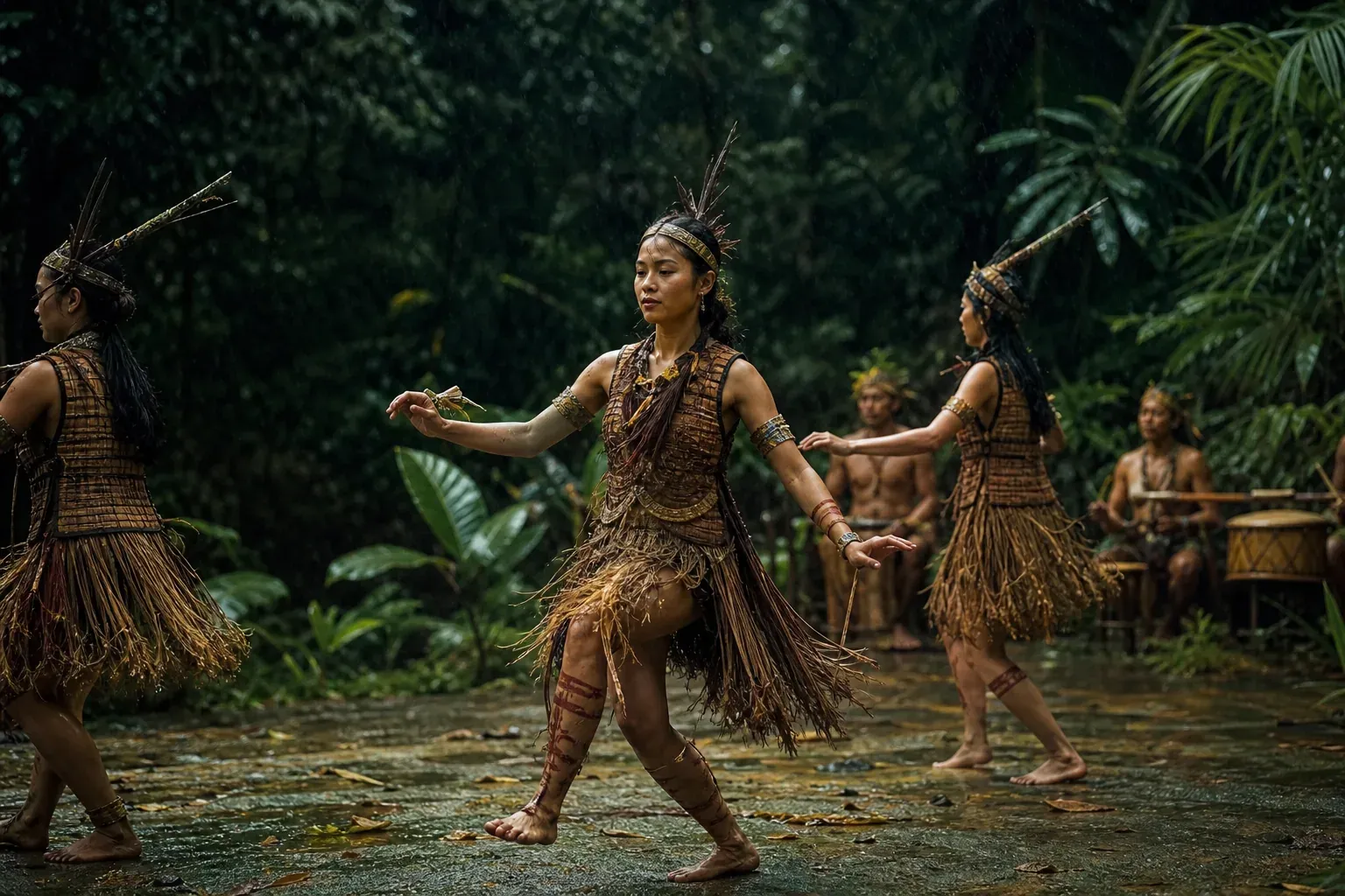 Des danseurs autochtones de Bornéo exécutent une danse traditionnelle sous une pluie fine, dans une clairière de forêt tropicale, entourés de percussionnistes.