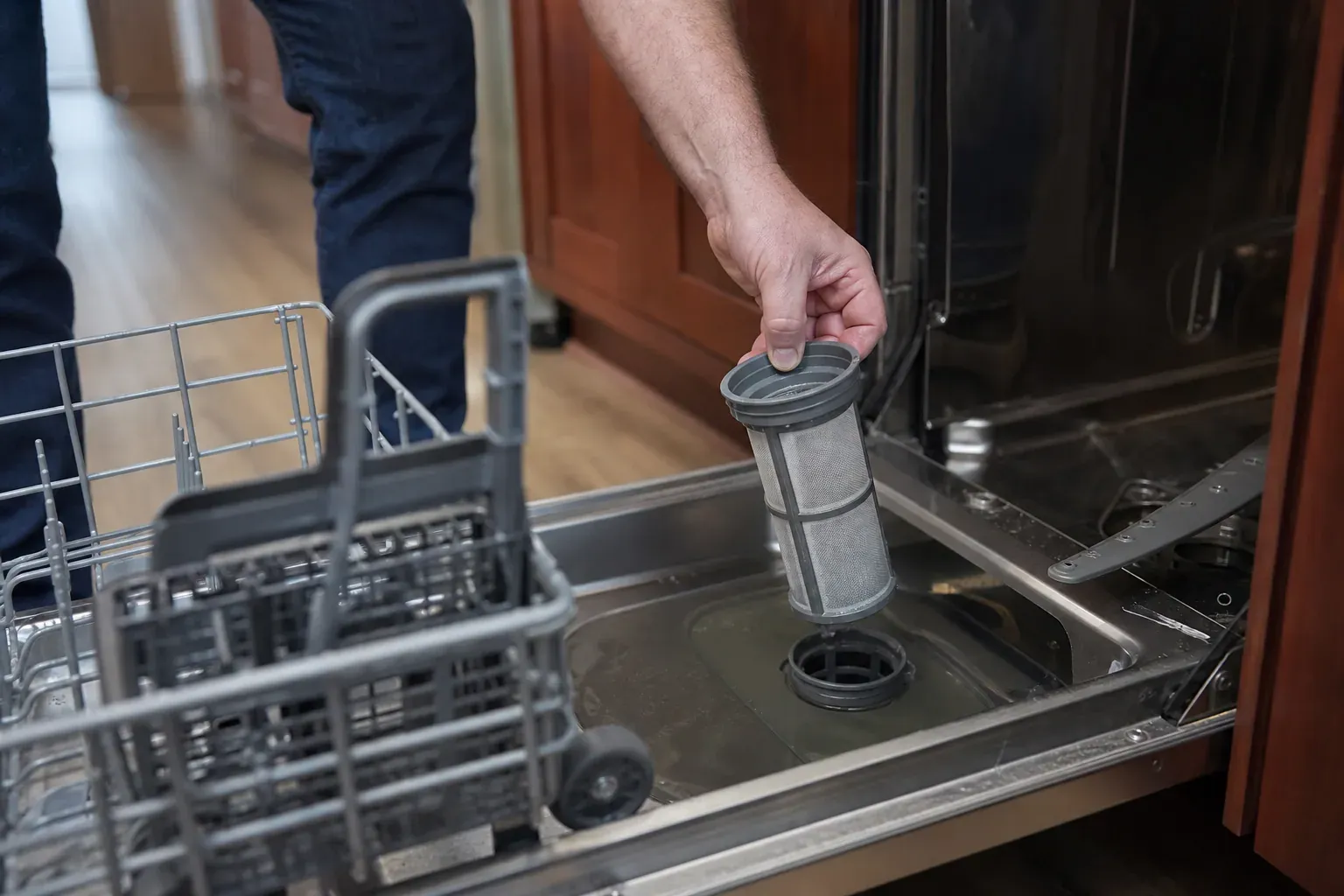 Main retirant le filtre cylindrique d'un lave-vaisselle ouvert, panier inférieur sorti et eau stagnante visible au fond de la cuve.