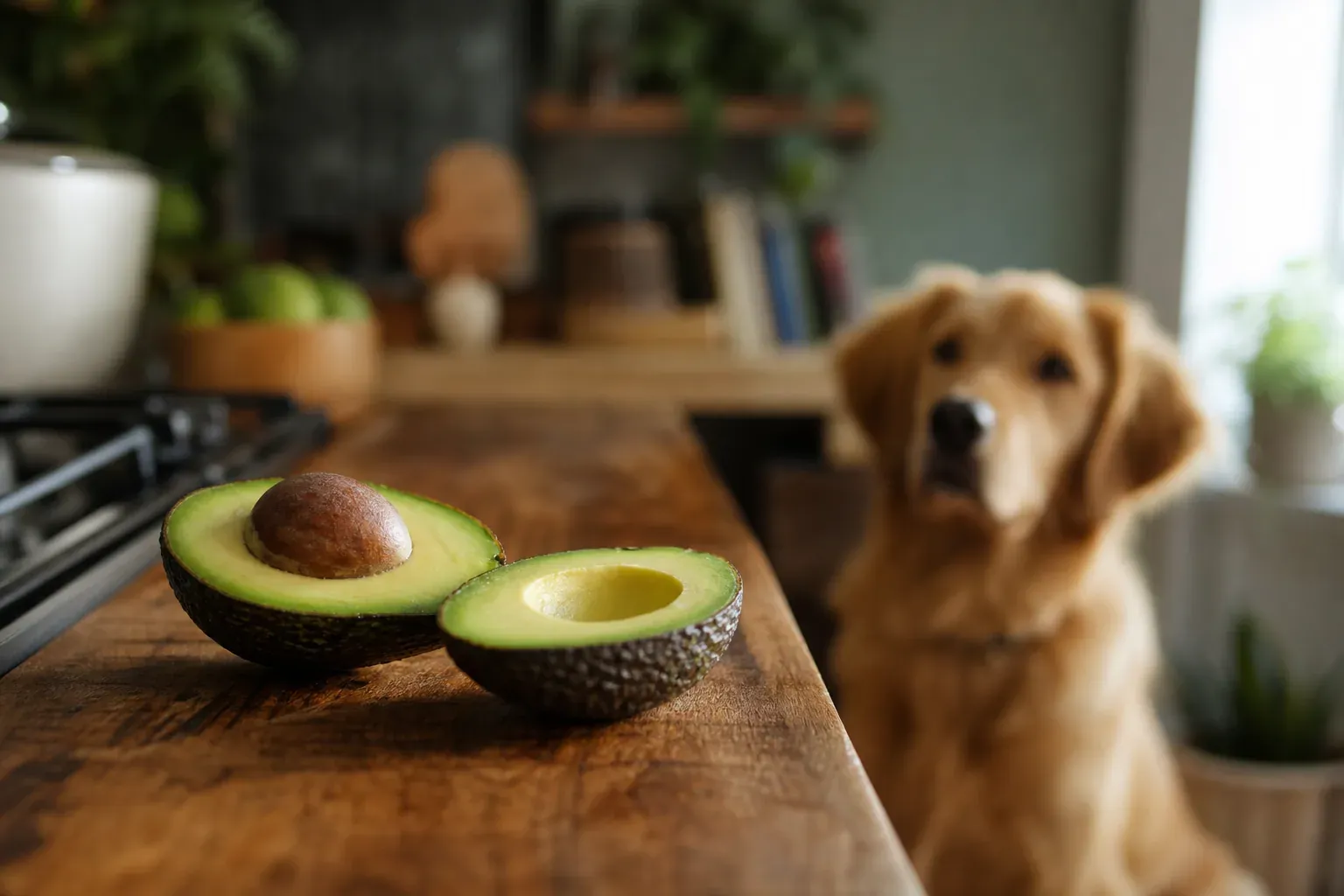 Avocat coupé en deux posé sur une table de cuisine, avec un chien curieux en arrière-plan flou.