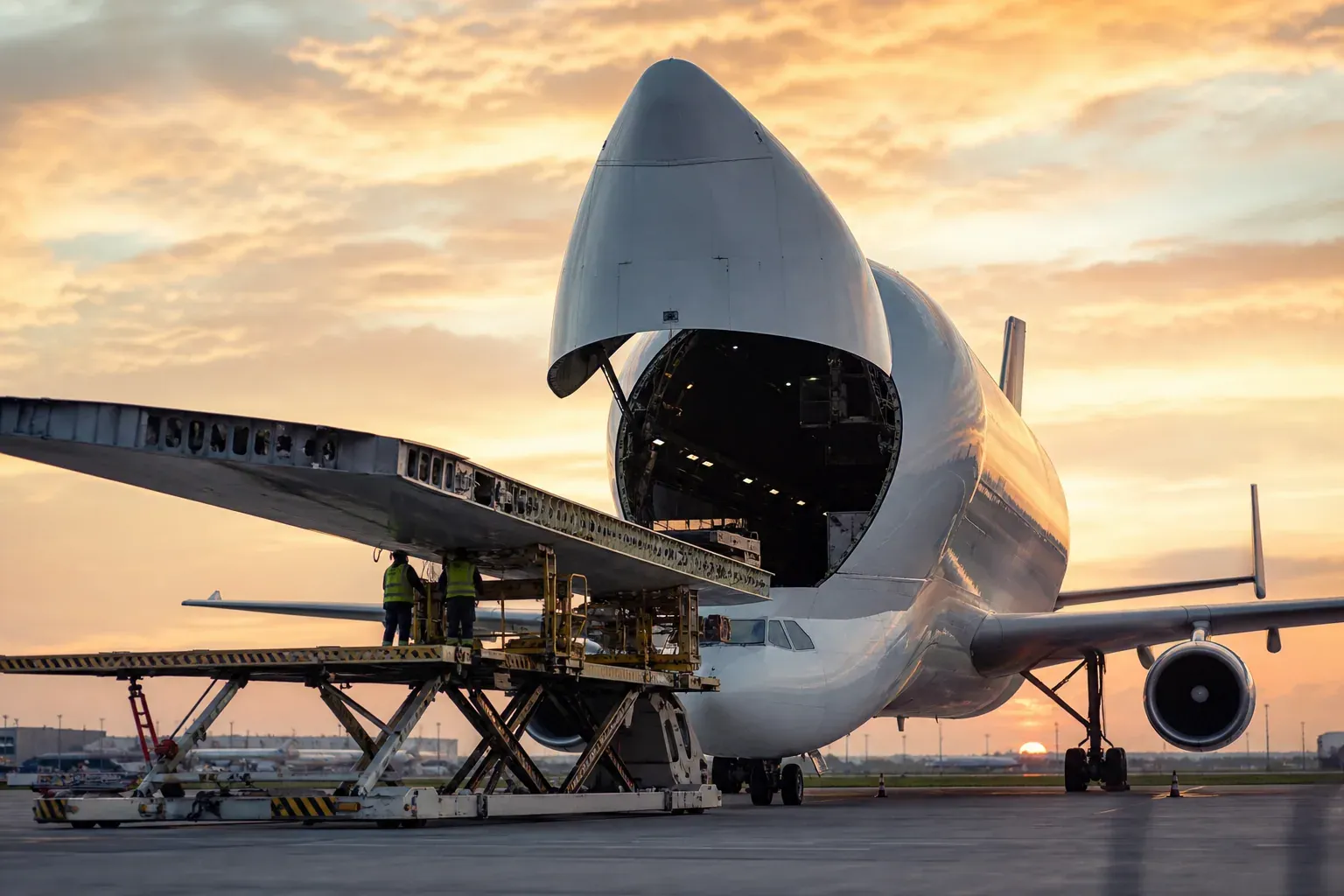 Avion cargo Airbus Beluga sur une piste, nez ouvert pour charger une grande pièce d’avion, avec des techniciens au sol.