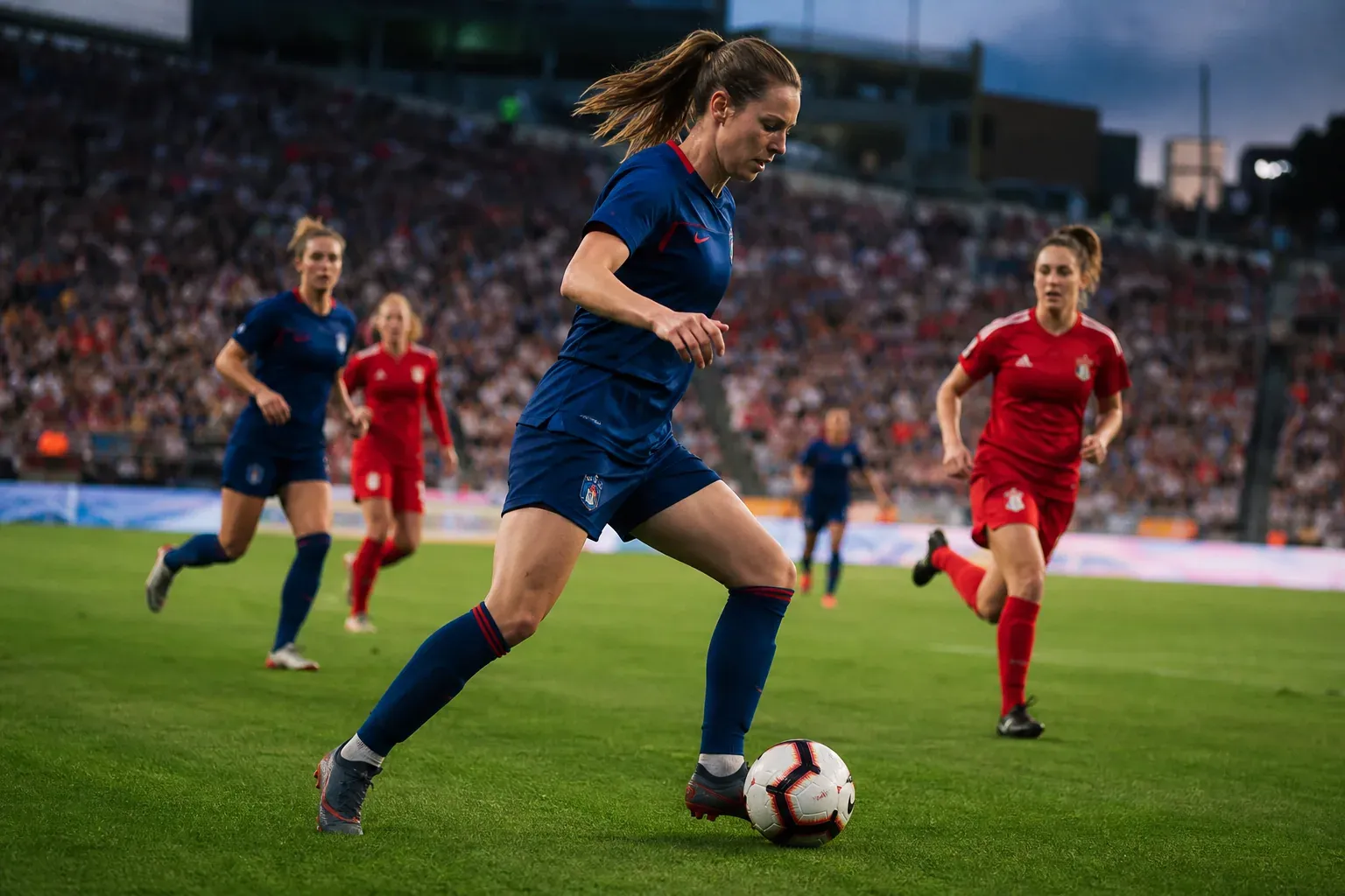 Une joueuse de football féminin en action dans un stade moderne, avec le public en arrière-plan.