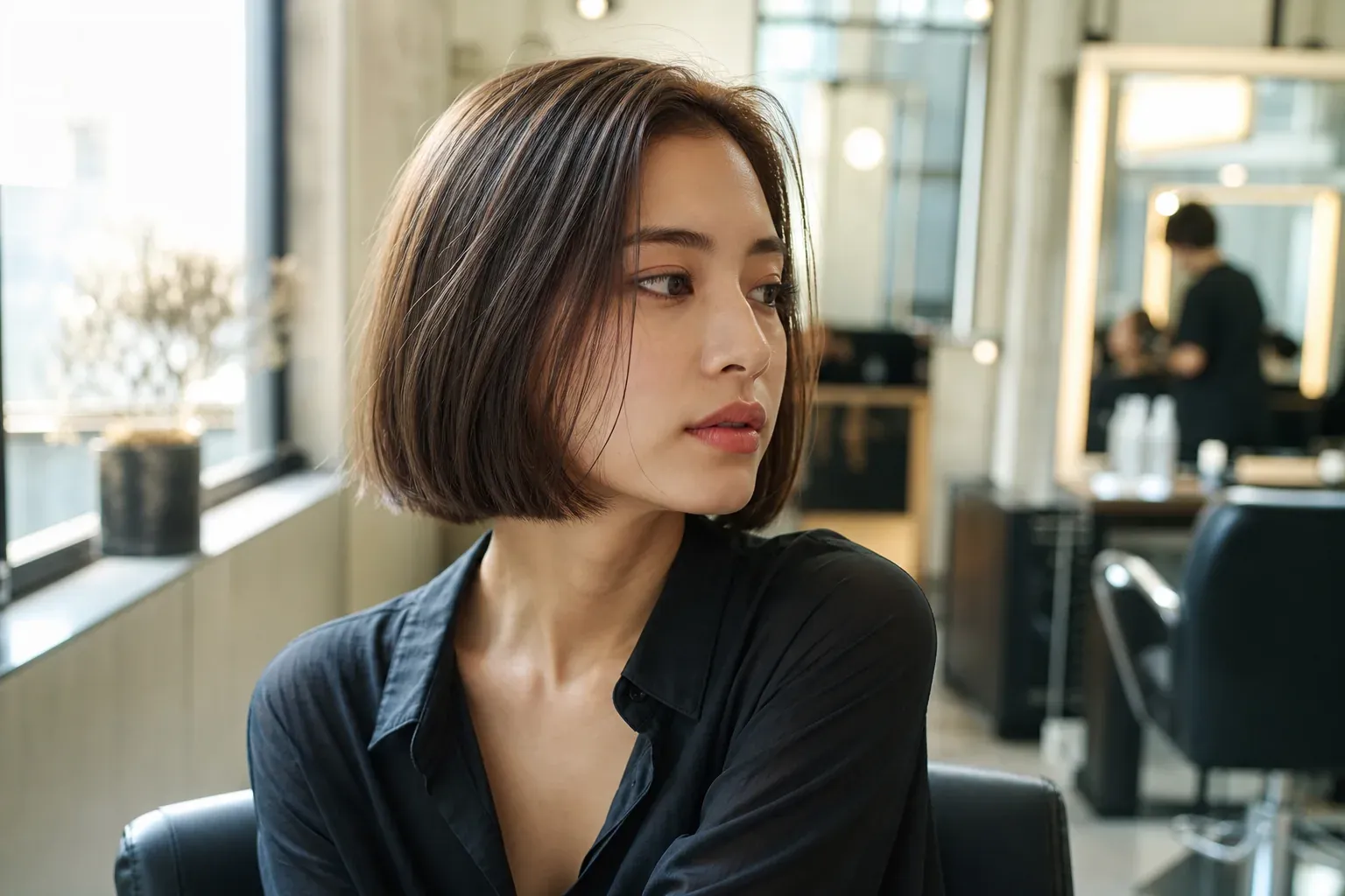 Photo réaliste d’une femme en salon de coiffure avec un bob élégant, lumineux et contemporain.