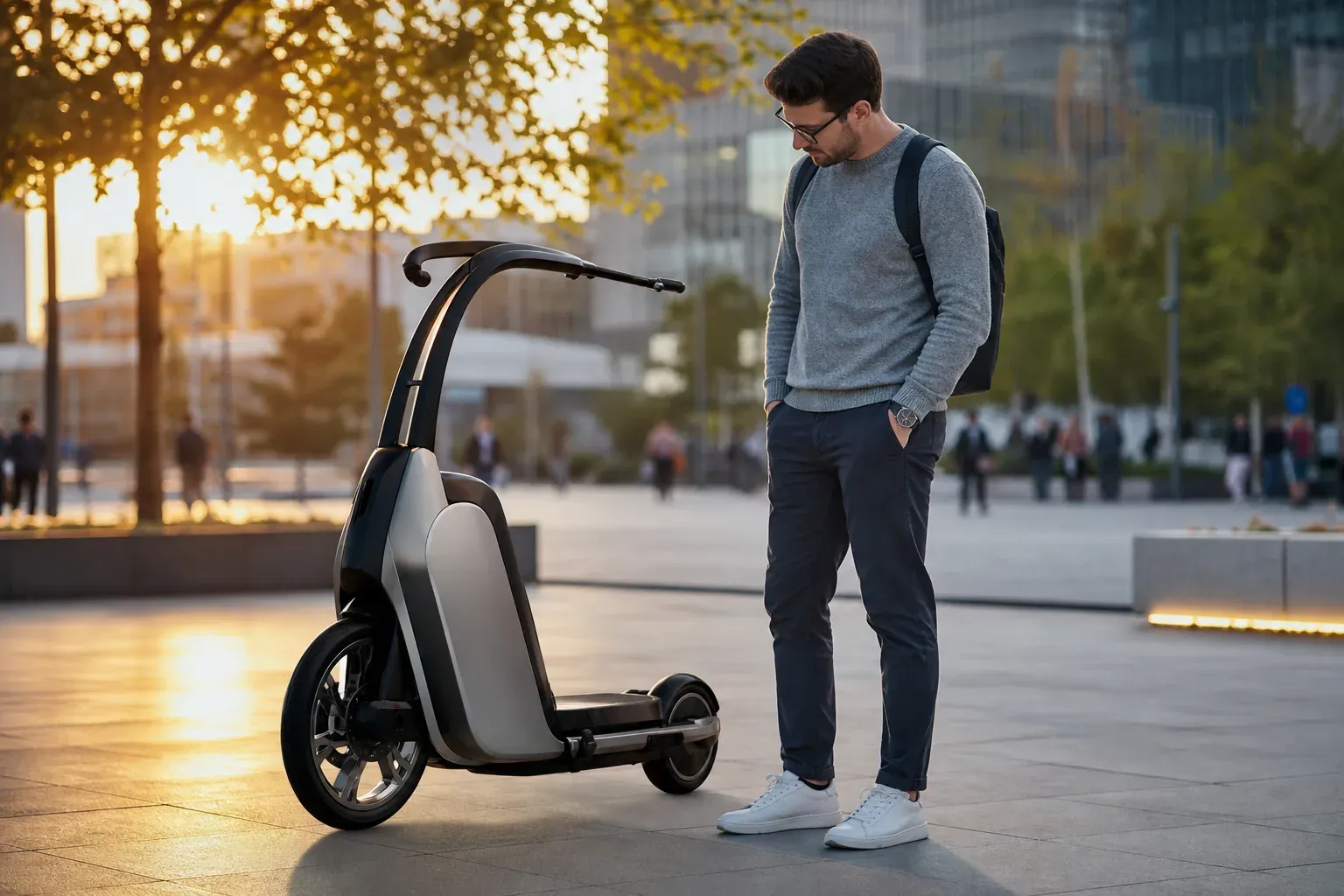 Un utilisateur observe un hoverboard futuriste devant un décor urbain moderne, dans une ambiance réaliste et éditoriale.