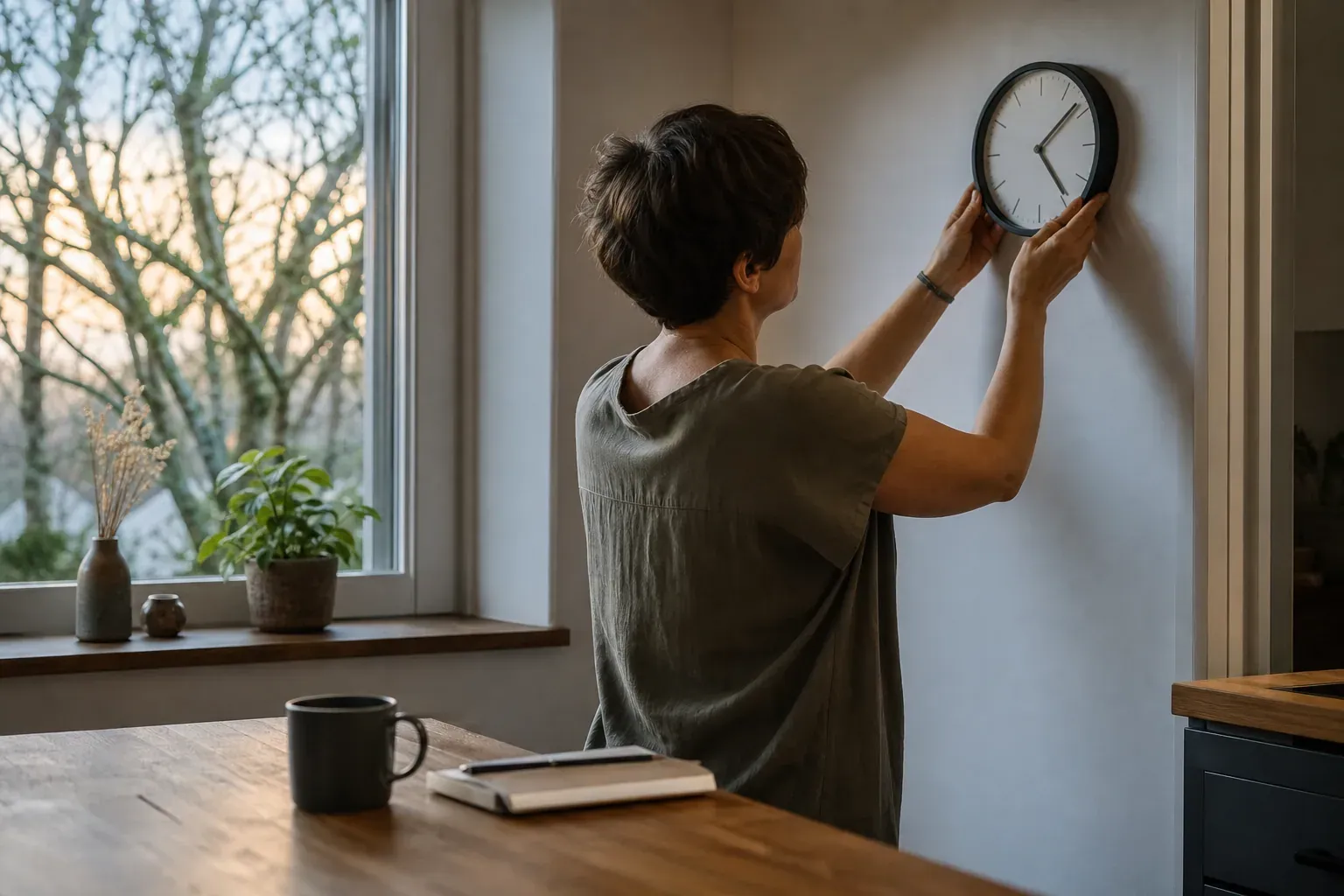 Une personne règle une horloge murale près d’une fenêtre à l’aube, avec une lumière naturelle douce et une tasse de café sur la table.