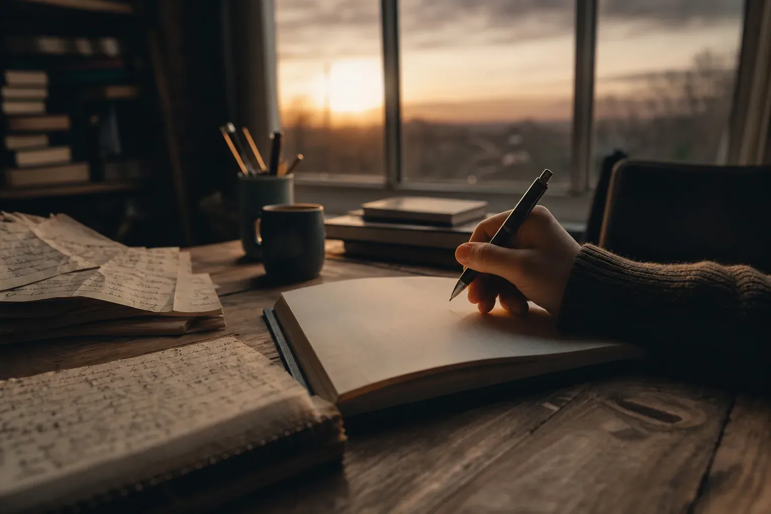 Un bureau d’écriture réaliste avec un carnet ouvert, des notes éparpillées et une main prête à écrire, dans une lumière chaude et cinématographique.