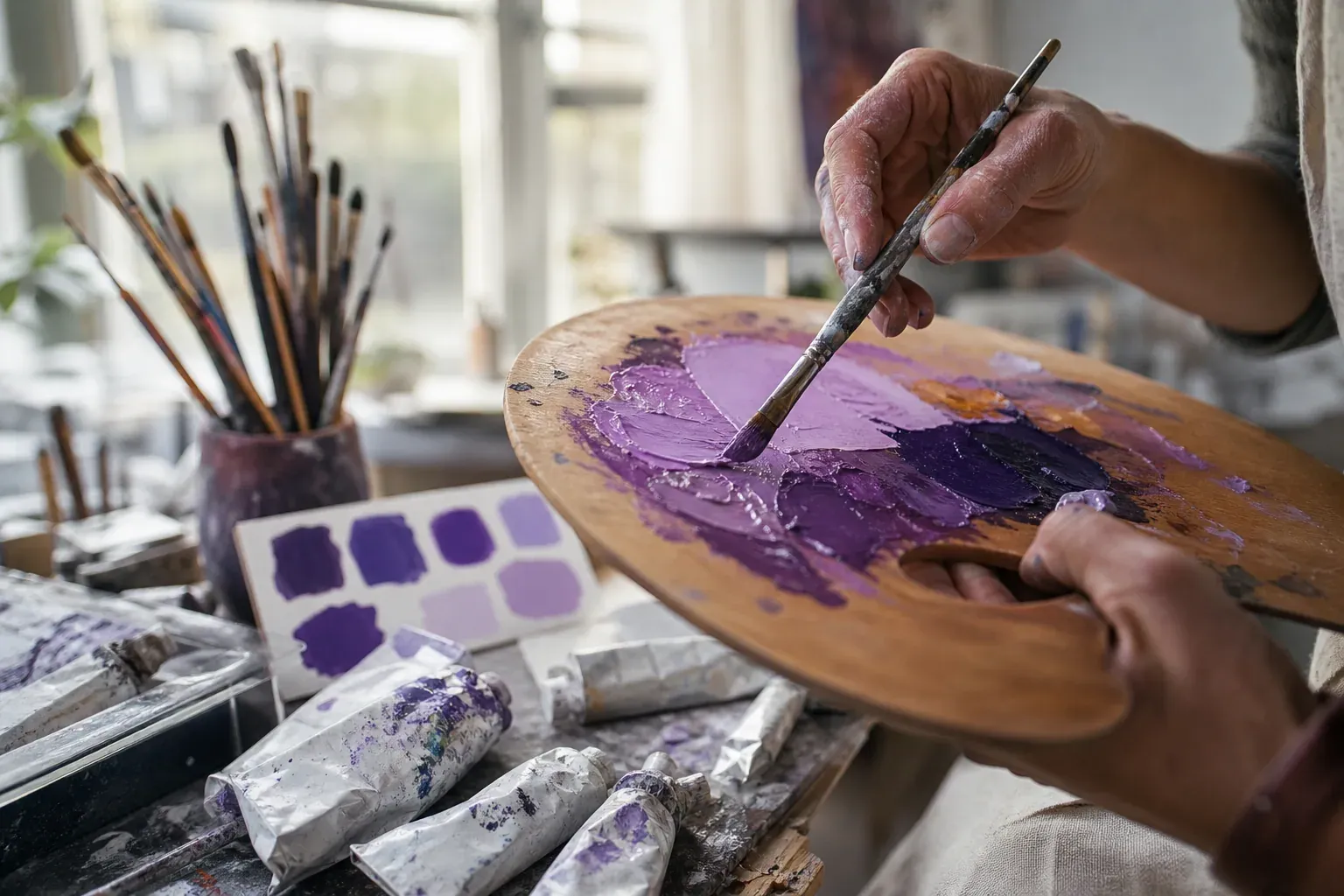 Mains d’artiste mélangeant plusieurs nuances de peinture violette sur une palette en bois dans un atelier lumineux