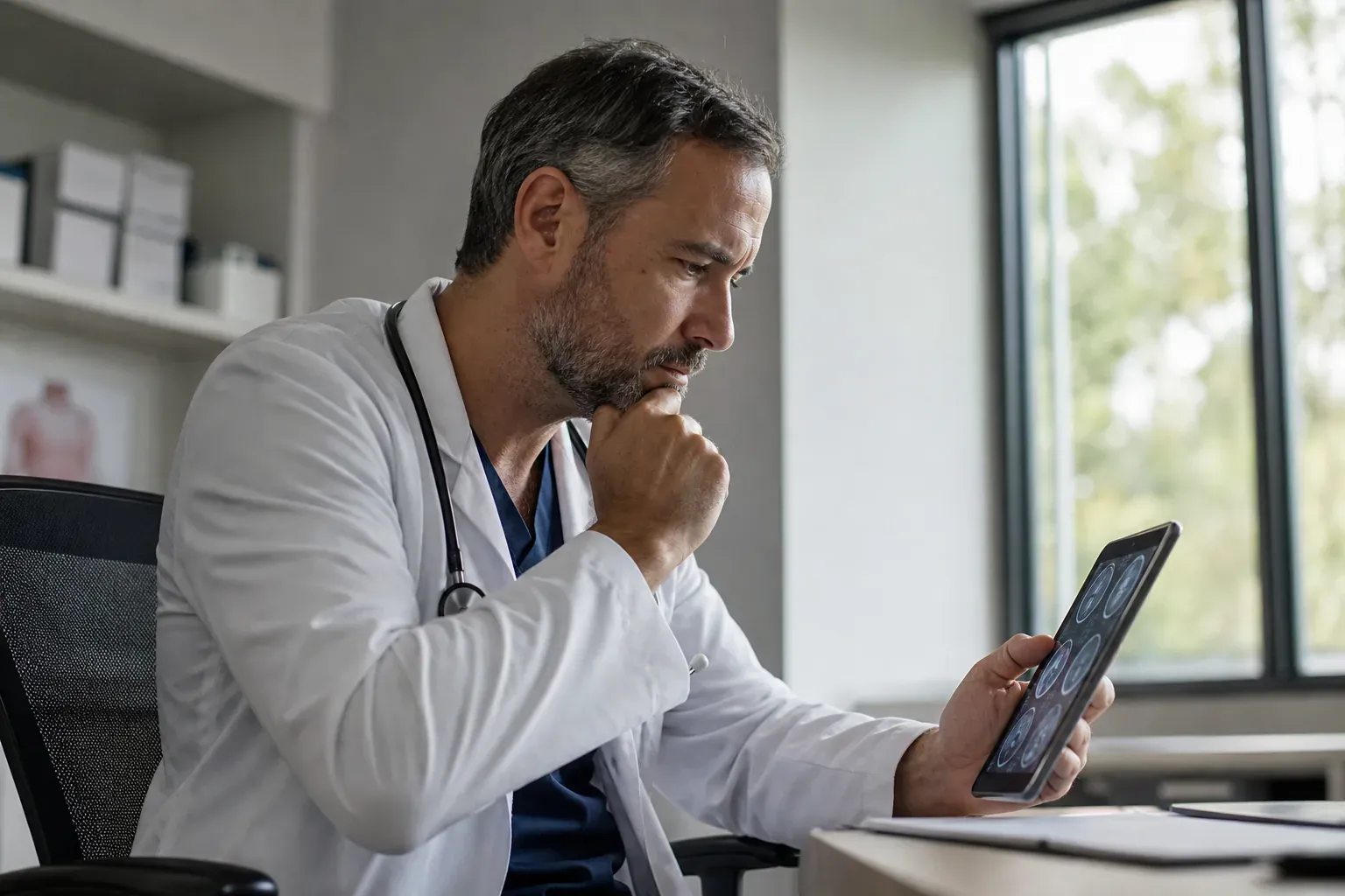 Médecin en consultation hospitalière, concentré, consultant un dossier patient et des examens sur une tablette dans un environnement clinique réaliste.