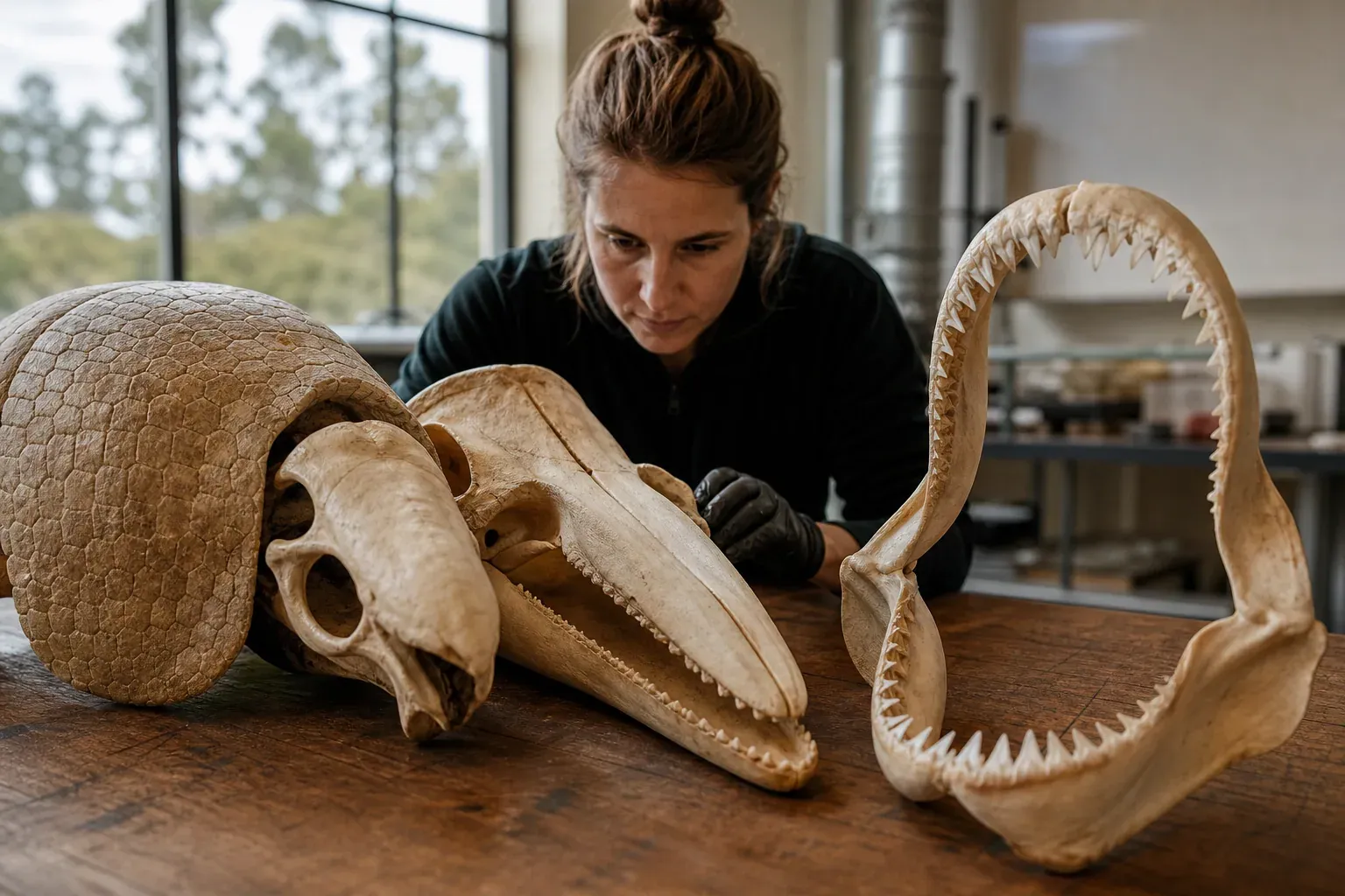 Un chercheur compare des mâchoires d’animaux dans un laboratoire de musée, avec un crâne de tatou géant, une mâchoire de dauphin et une mâchoire de requin.