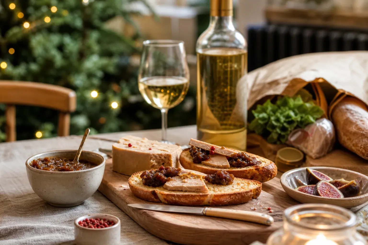 Table de fêtes avec du foie gras tranché sur toasts, un chutney de figues, une bouteille de vin blanc et des courses en arrière-plan.