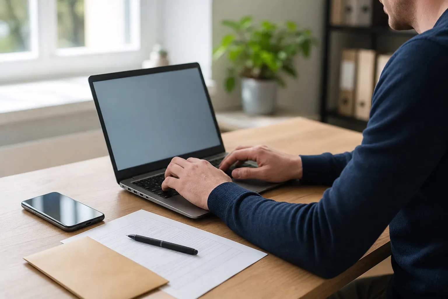 Personne dans un bureau à domicile en train d’envoyer une lettre recommandée en ligne sur un ordinateur portable, avec des documents et un téléphone sur le bureau.
