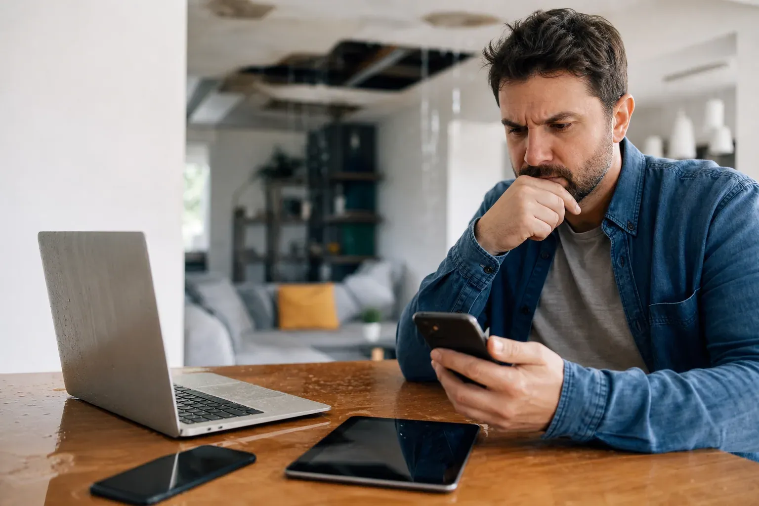Photo réaliste d’un intérieur domestique avec un ordinateur portable, un smartphone et une tablette près d’un bureau, pendant qu’une personne consulte des documents d’assurance.