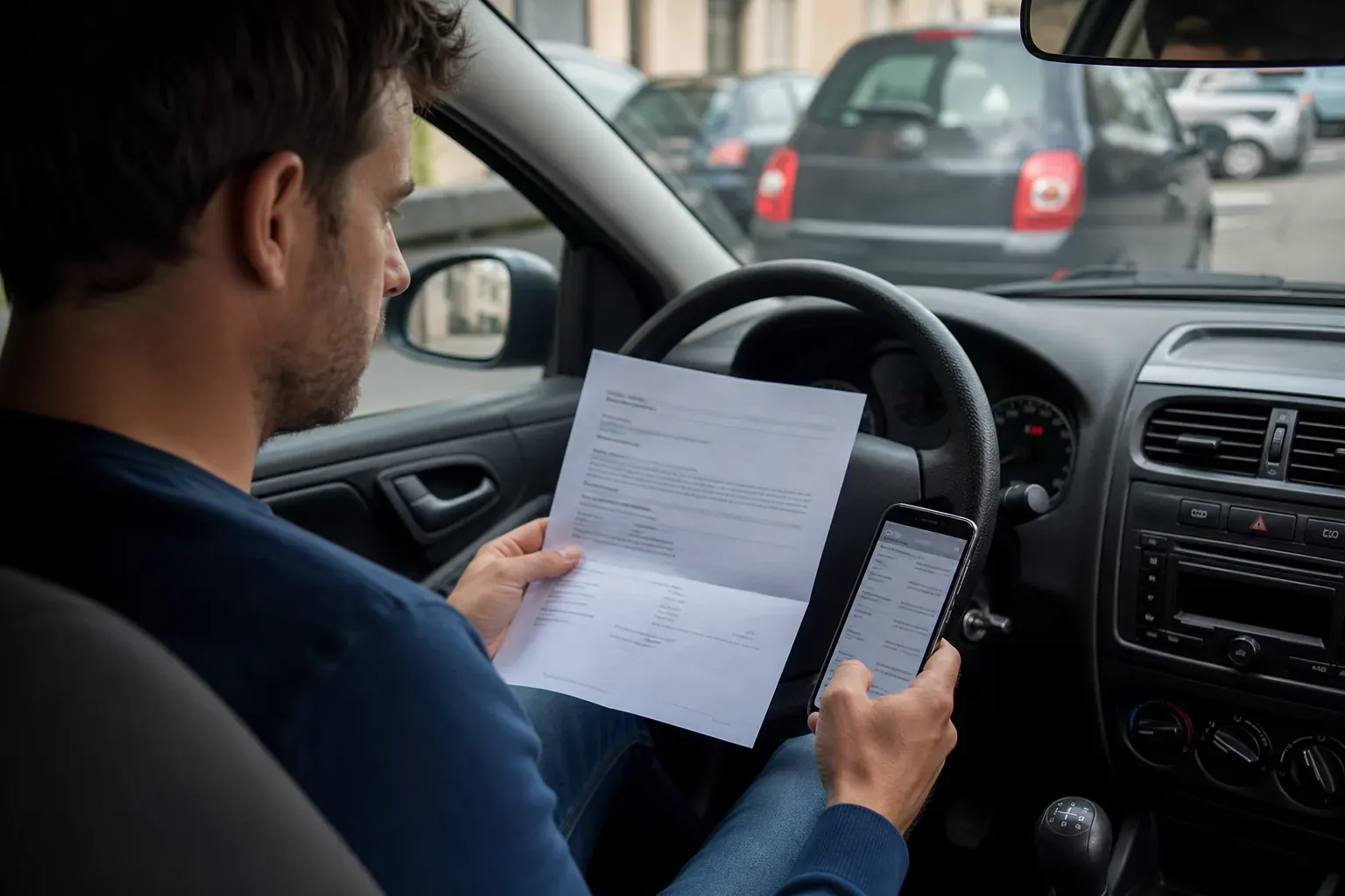 Conducteur dans une voiture, consultant des documents d’assurance auto et un téléphone affichant des comparatifs de prix.