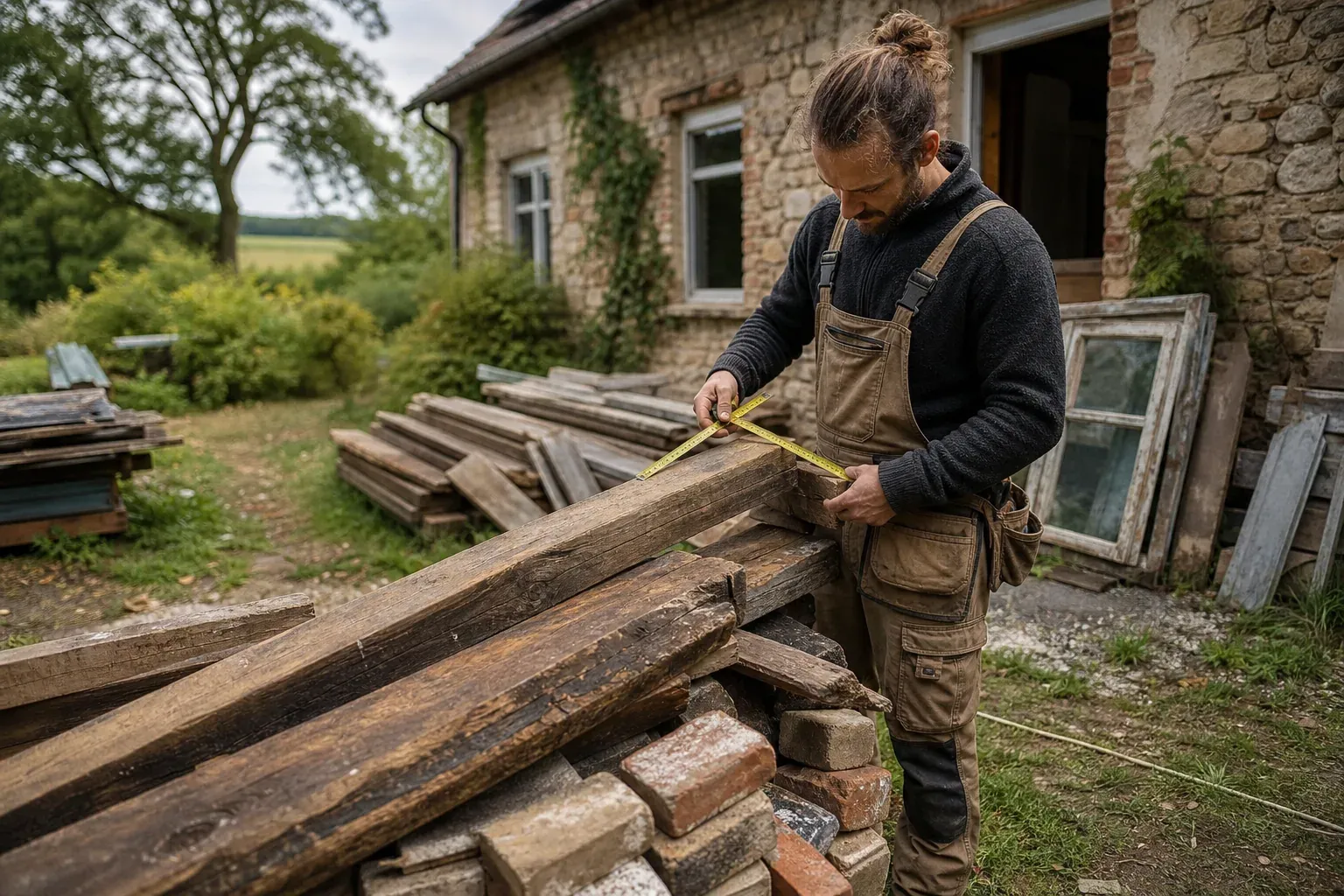 Une maison de campagne en rénovation avec des poutres anciennes, des briques récupérées et un artisan qui mesure des matériaux au milieu d’un chantier rural.