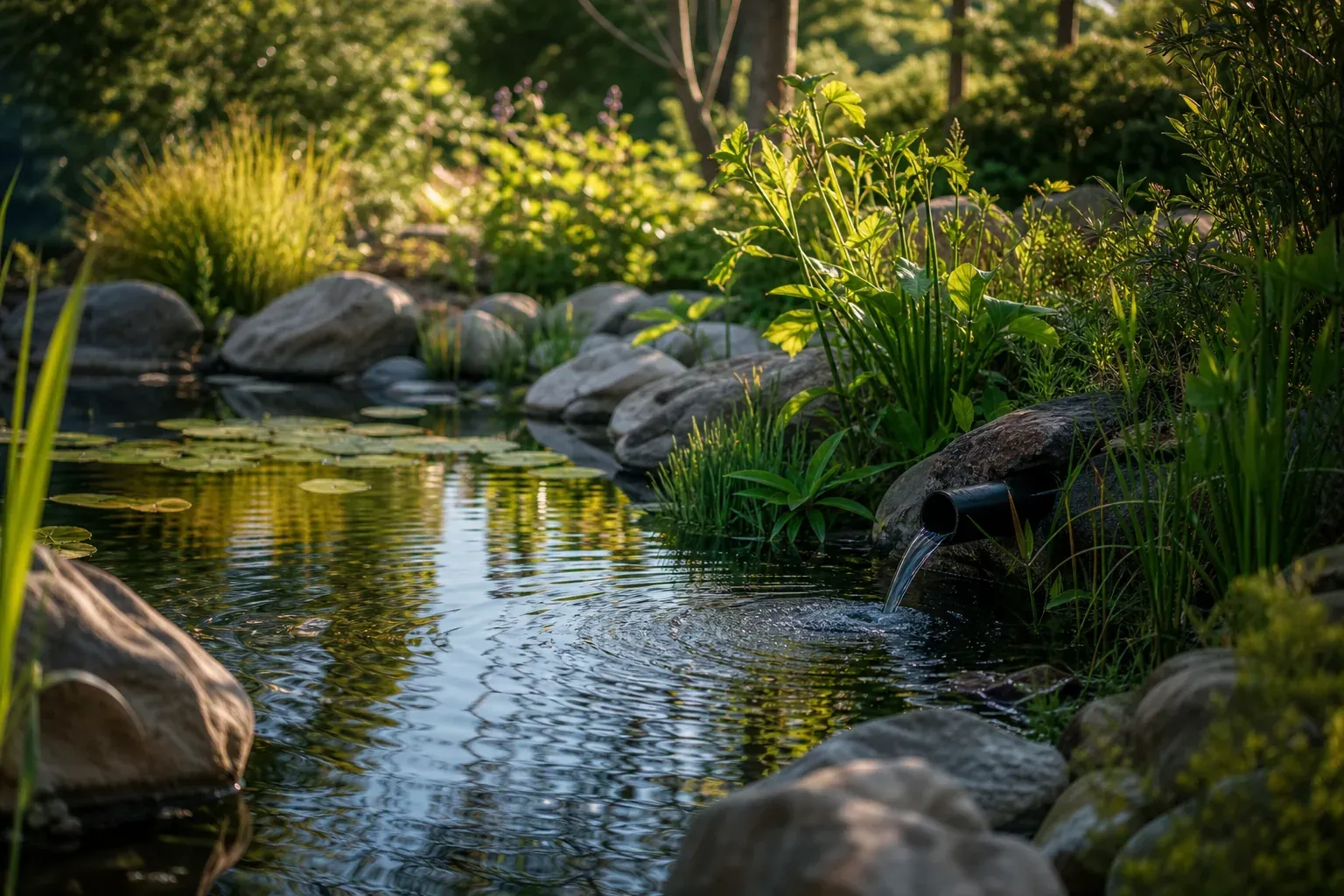 Un bassin de jardin naturel bordé de plantes aquatiques et de pierres, dans une ambiance calme et lumineuse.