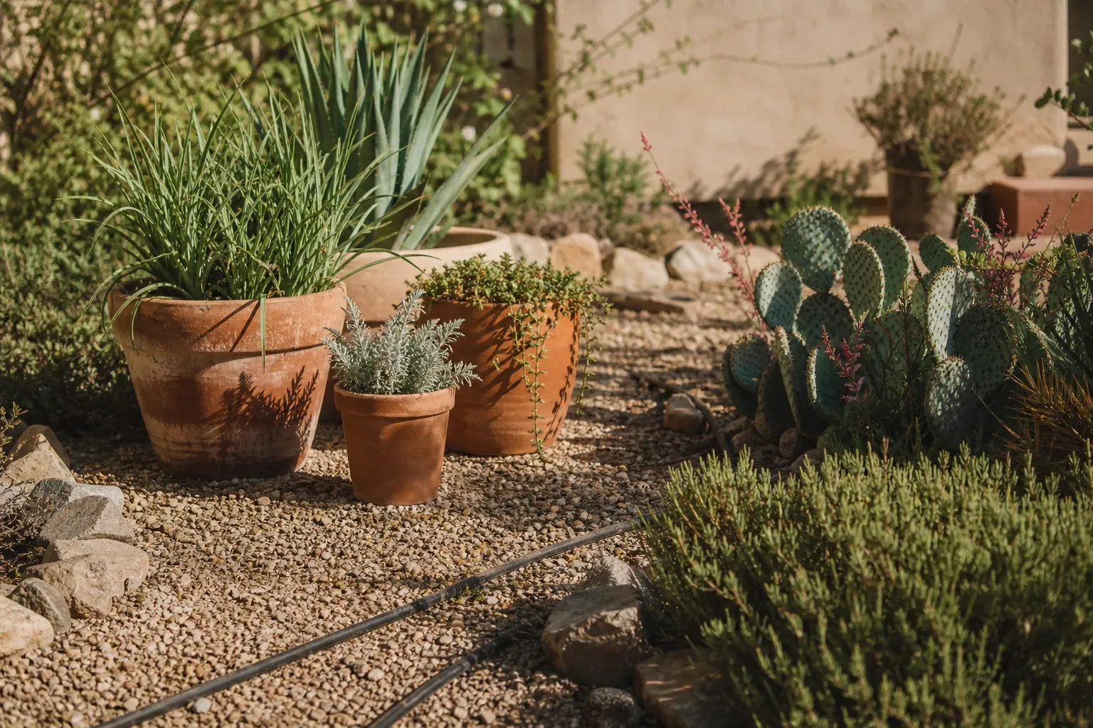 Photo réaliste d’un jardin en climat aride avec paillage minéral, plantes résistantes à la sécheresse et arrosage goutte-à-goutte.