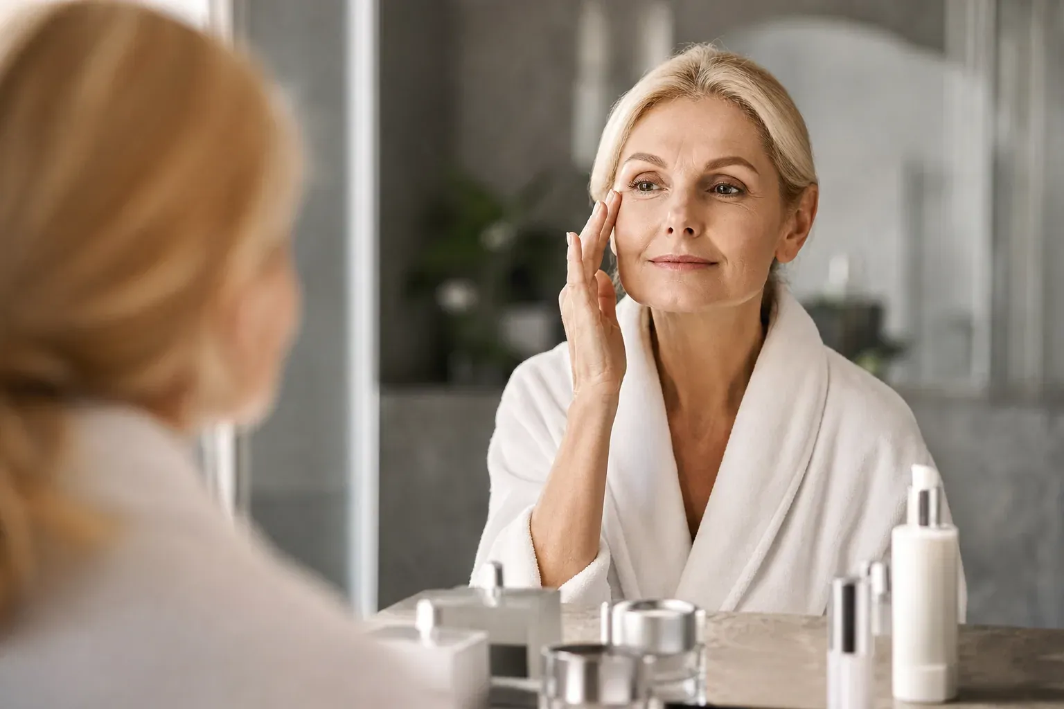 Une femme aux cheveux gris applique un maquillage naturel devant un miroir, dans une salle de bain lumineuse avec des produits de soin sur la vasque.