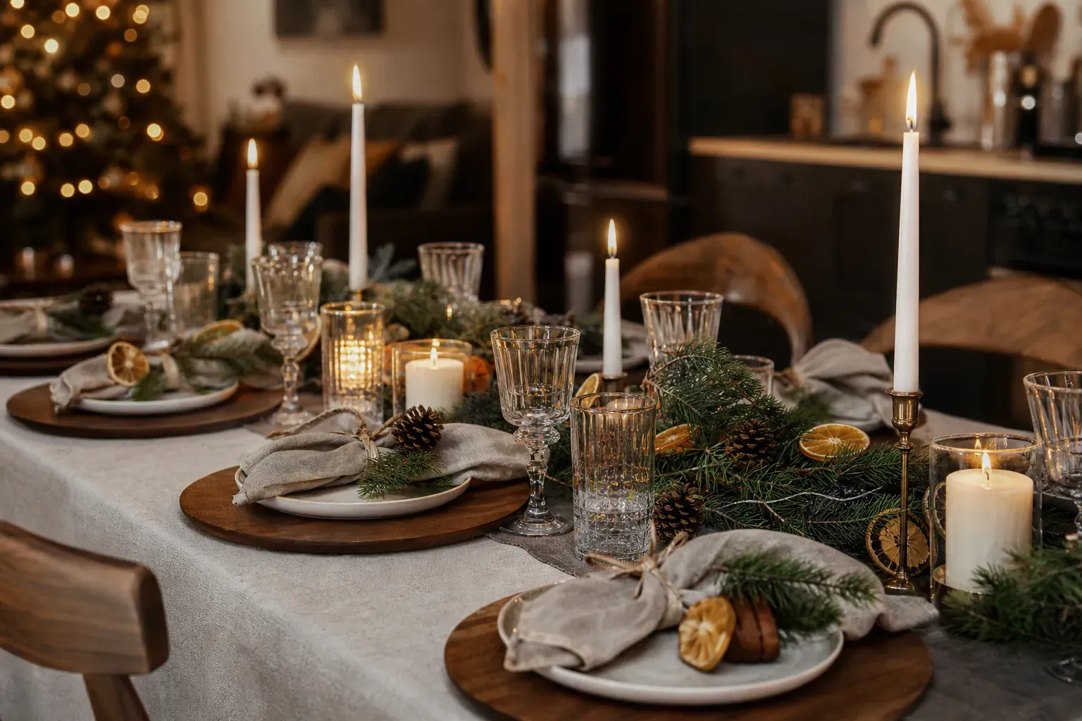 Table de Noël élégante dressée avec du lin, des branches de sapin, des bougies blanches, de la vaisselle sobre et des détails naturels en bois.