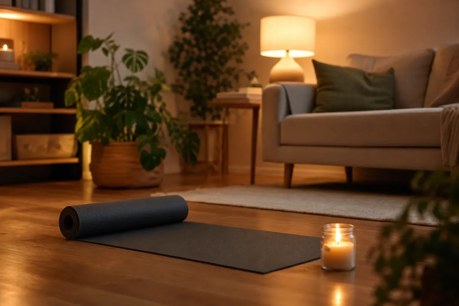 Une personne pratique un yoga doux du soir dans une chambre tamisée, sur un tapis, avec une ambiance chaleureuse propice au sommeil.