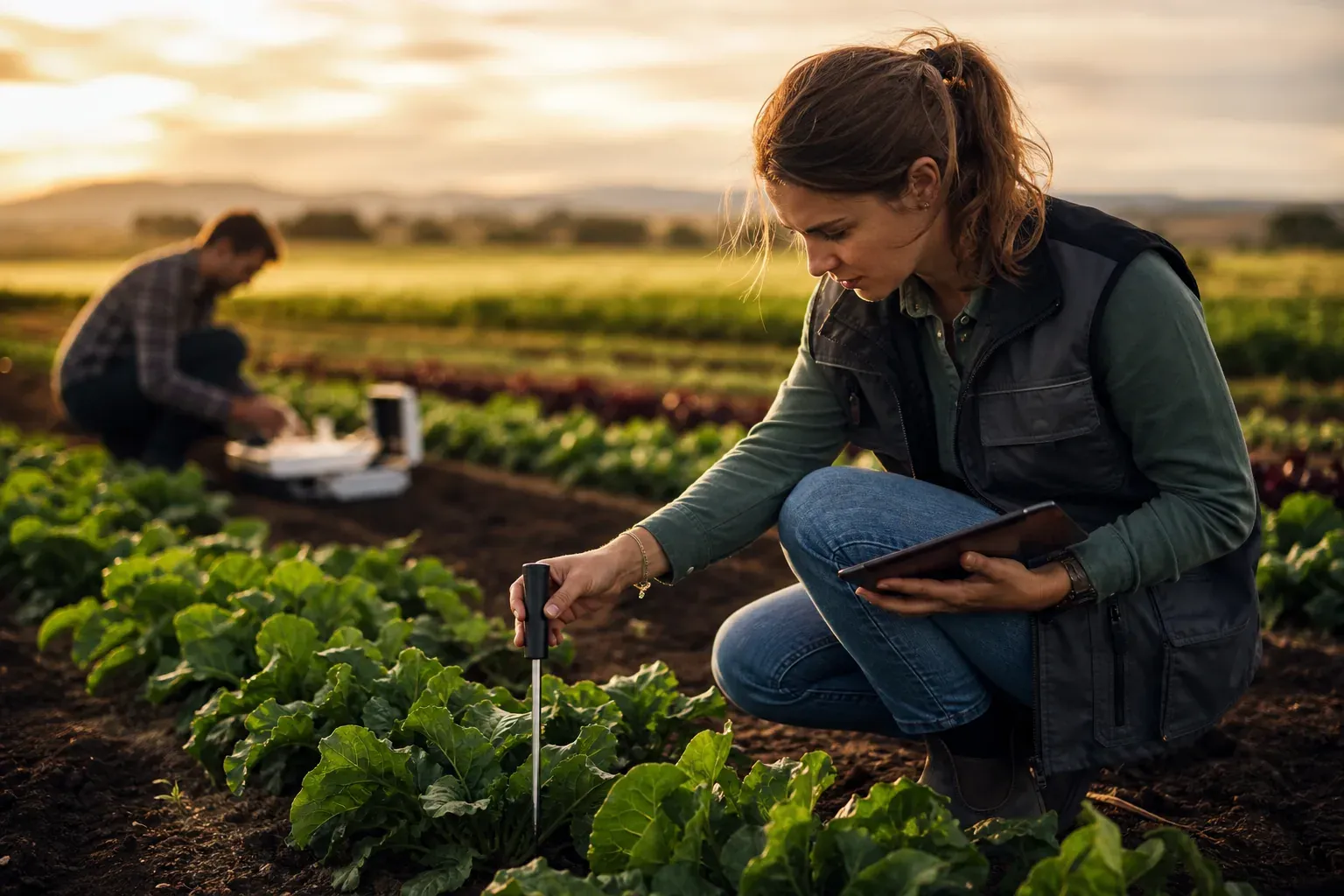 Un agronome observe une culture en plein champ avec une tablette et un outil d’analyse du sol, dans un contexte d’agriculture durable et moderne.