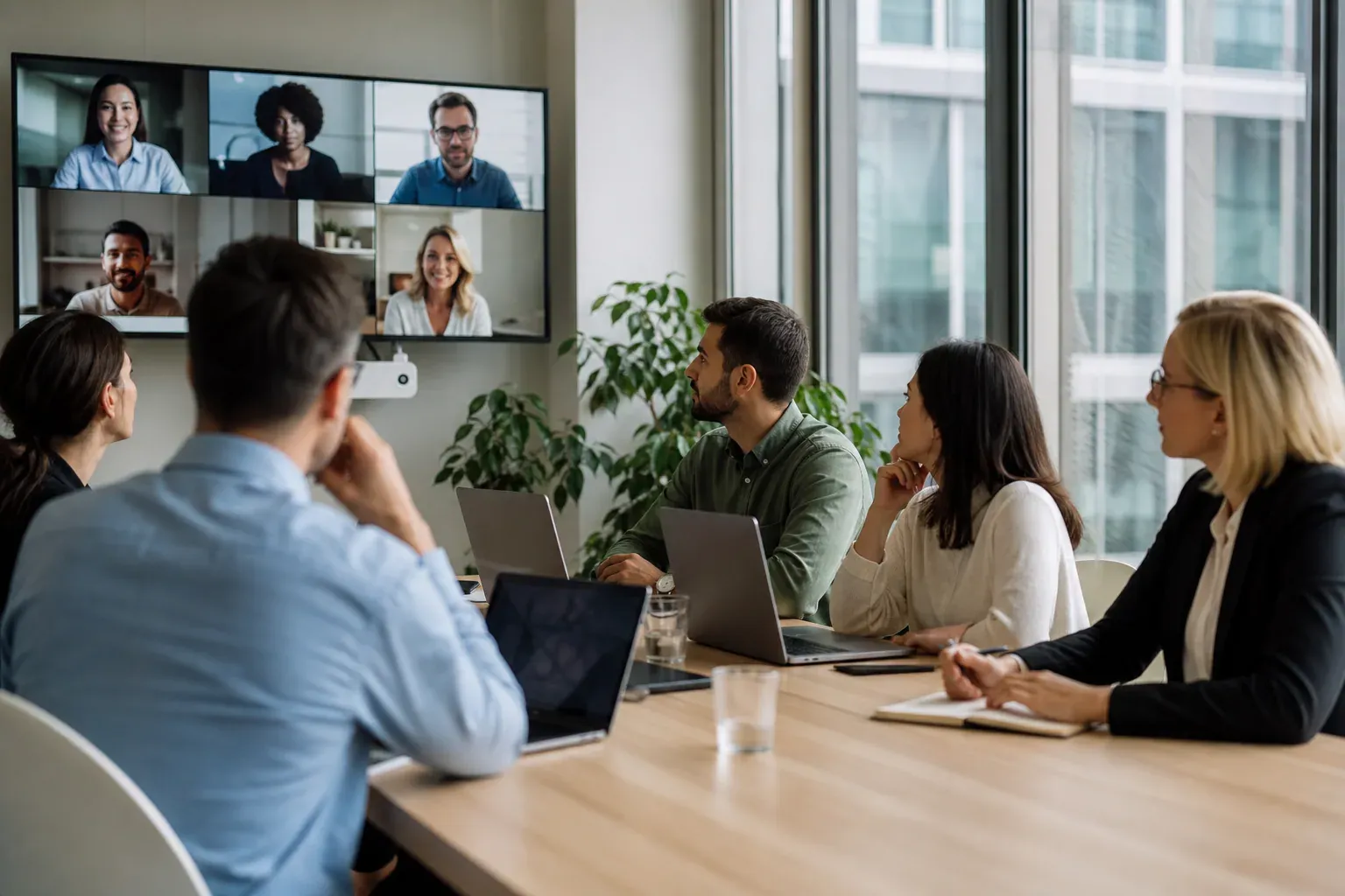 Une équipe en réunion dans une salle moderne, avec des collaborateurs distants visibles sur un grand écran de vidéoconférence.