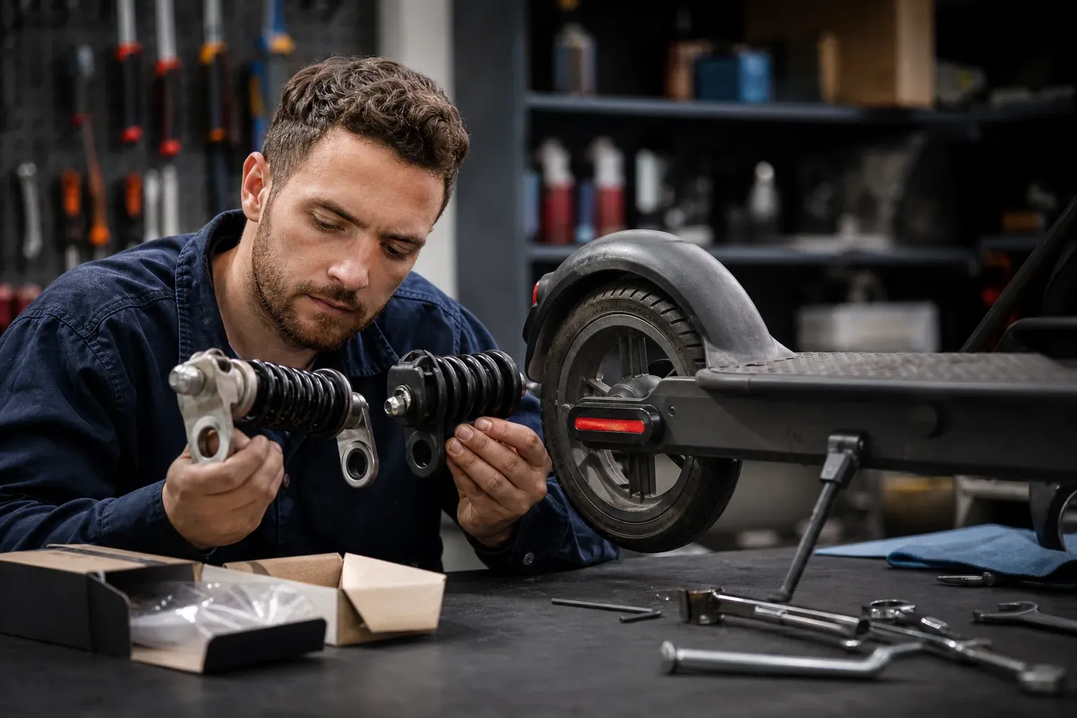 Technicien dans un atelier de réparation, comparant une pièce d’origine à une trottinette électrique posée sur un établi.