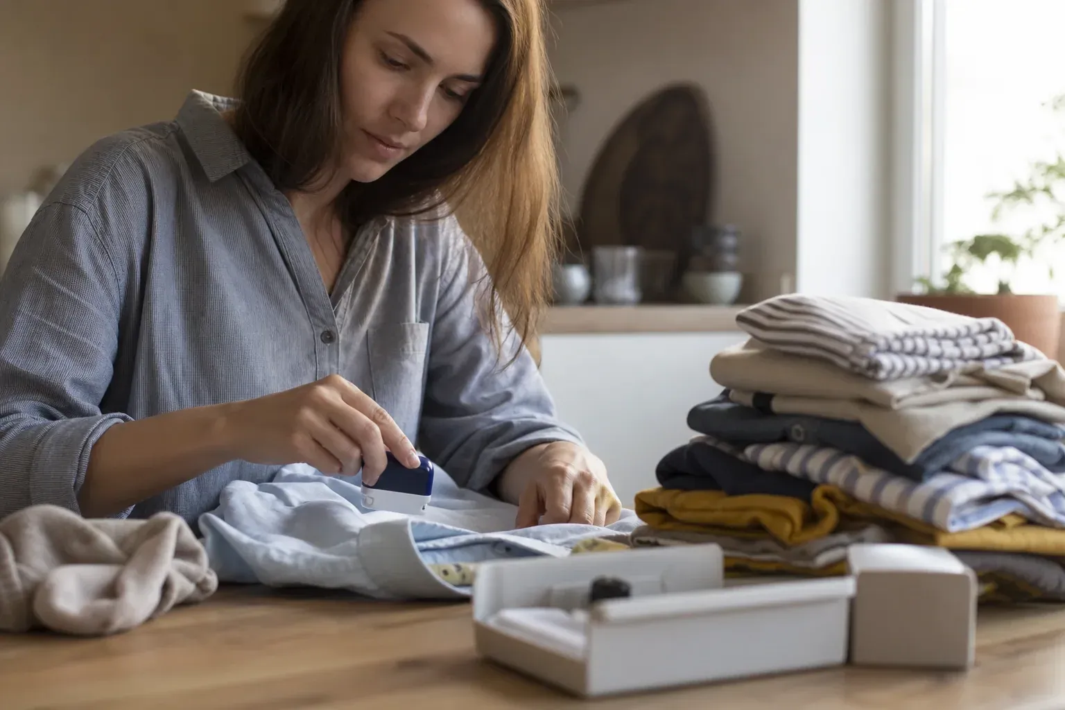 Photo réaliste d’une personne utilisant un tampon textile sur l’étiquette intérieure d’un vêtement, avec des habits pliés autour.