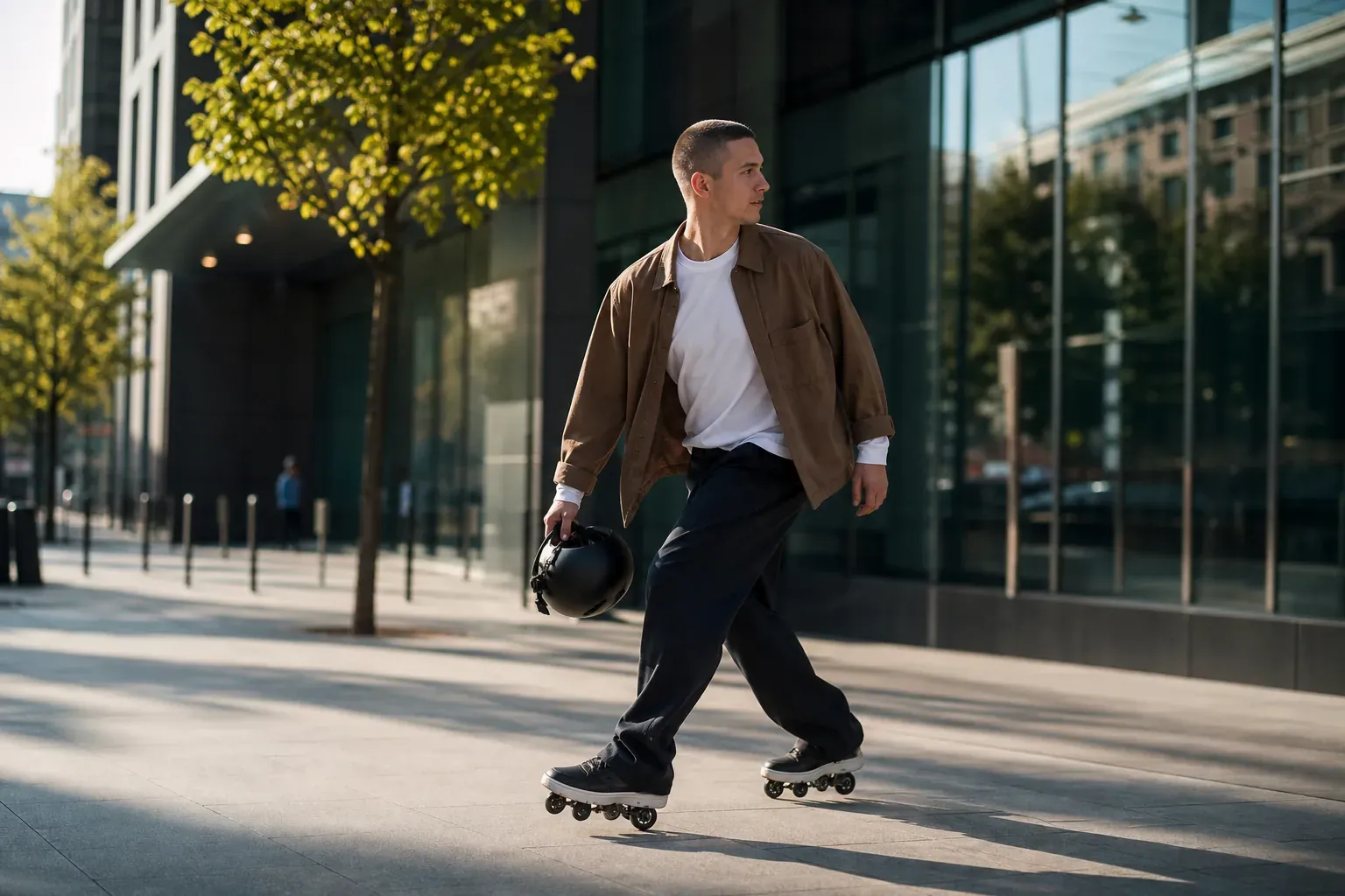 Une personne en ville portant des chaussures à roulettes, en train de passer de la marche à la glisse sur un trottoir lisse.