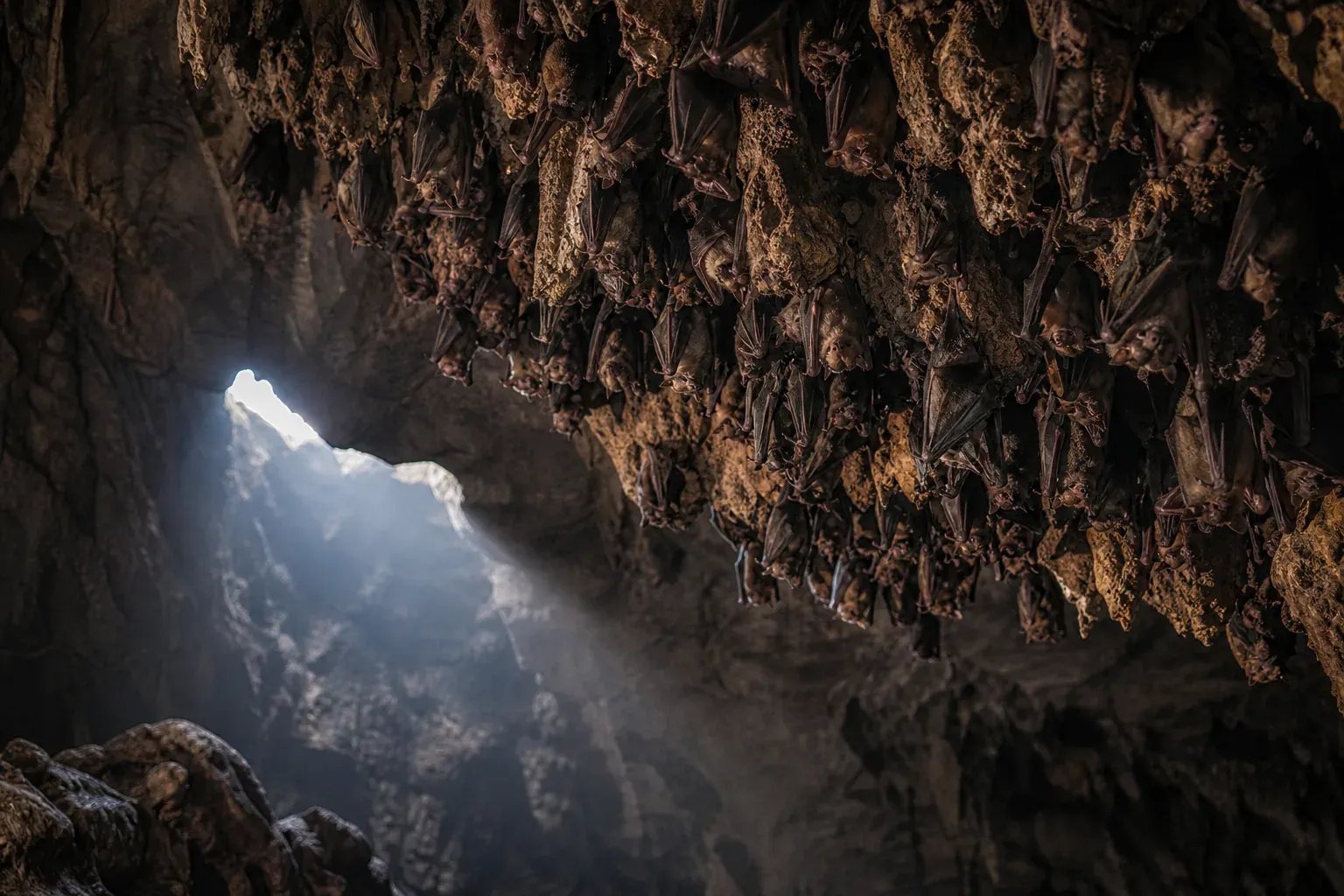 Colonie de chauves-souris dans une grande grotte calcaire profonde, suspendues au plafond près d’un rai de lumière naturelle.