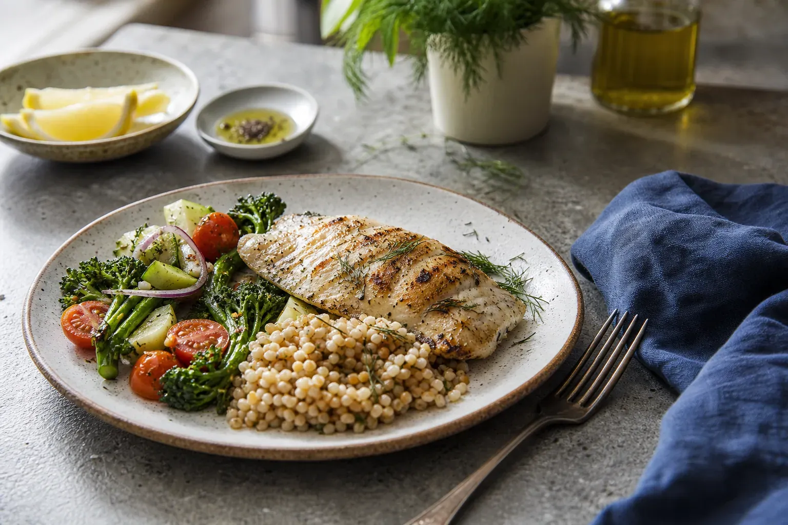 Assiette maison équilibrée et gourmande avec légumes colorés, céréales complètes, poisson grillé et herbes fraîches sur une table de cuisine.
